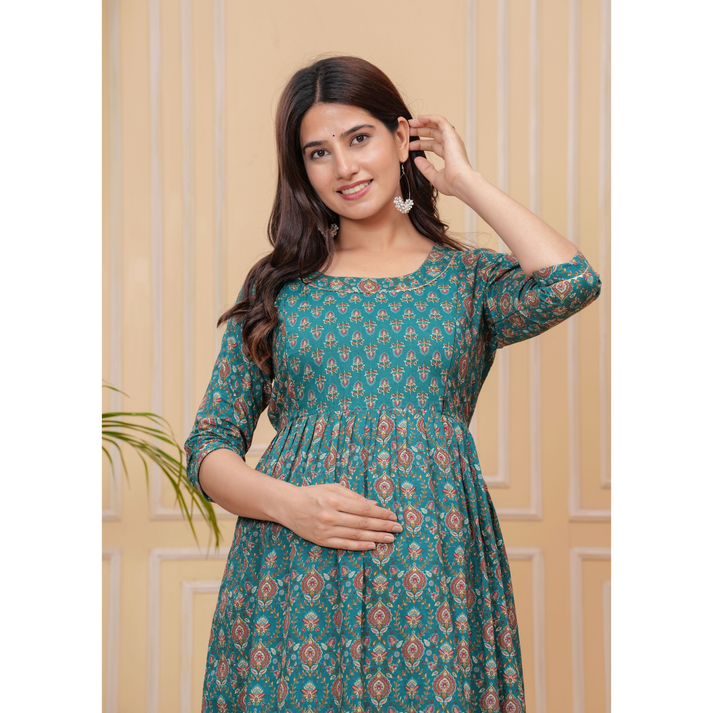Hima Anarkali Feeding & Maternity Kurti – Effortless Style & All-Day Comfort for Moms (Green)