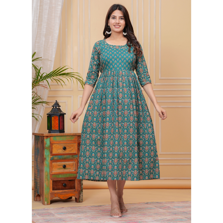 Hima Anarkali Feeding & Maternity Kurti – Effortless Style & All-Day Comfort for Moms (Green)