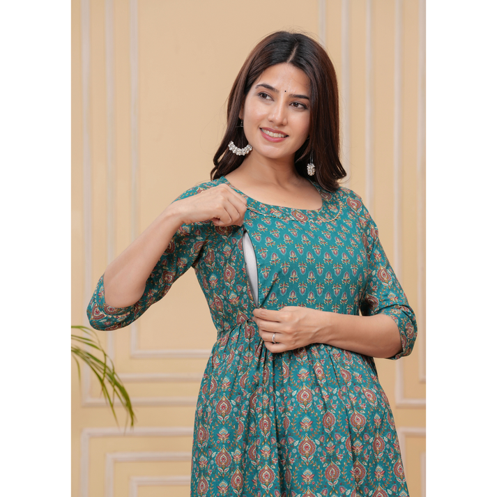 Hima Anarkali Feeding & Maternity Kurti – Effortless Style & All-Day Comfort for Moms (Green)