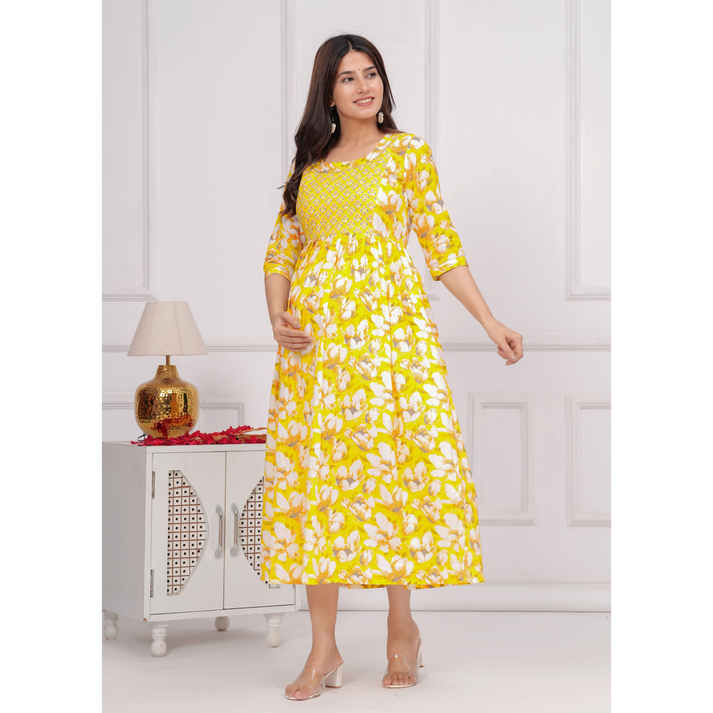 Hima Anarkali Feeding & Maternity Kurti β Effortless Style & All-Day Comfort for Moms (Yellow)