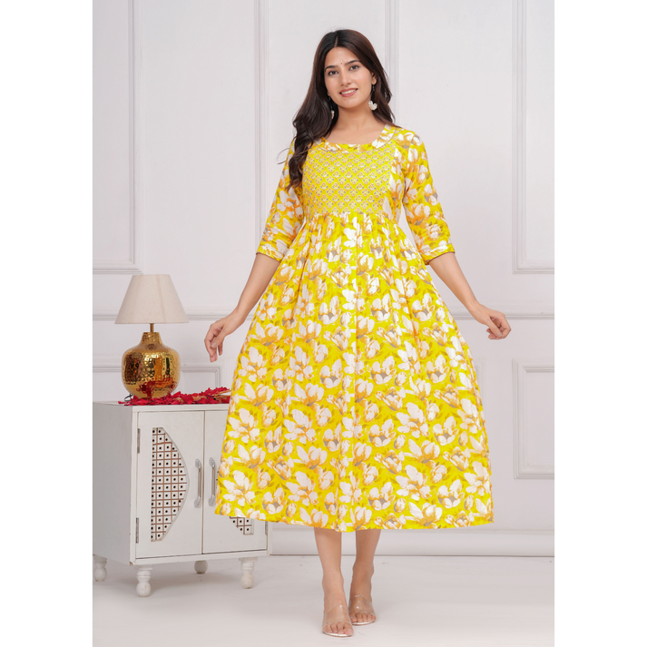 Hima Anarkali Feeding & Maternity Kurti β Effortless Style & All-Day Comfort for Moms (Yellow)
