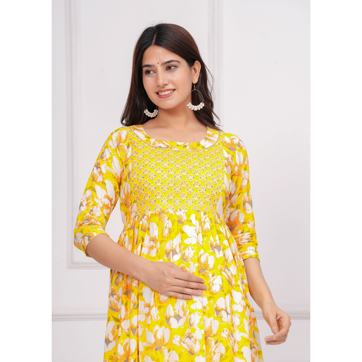 Hima Anarkali Feeding & Maternity Kurti β Effortless Style & All-Day Comfort for Moms (Yellow)