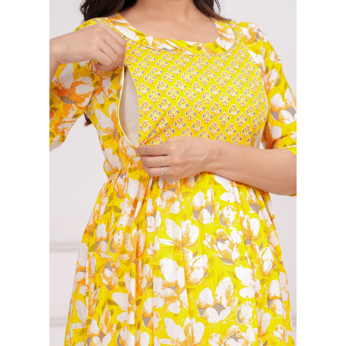 Hima Anarkali Feeding & Maternity Kurti β Effortless Style & All-Day Comfort for Moms (Yellow)