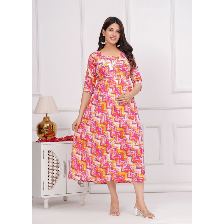 Hima Premium Cotton Anarkali Feeding & Maternity Kurti – 48 Inch Length, 2 Side Zips All-Day Comfort for Moms Pink