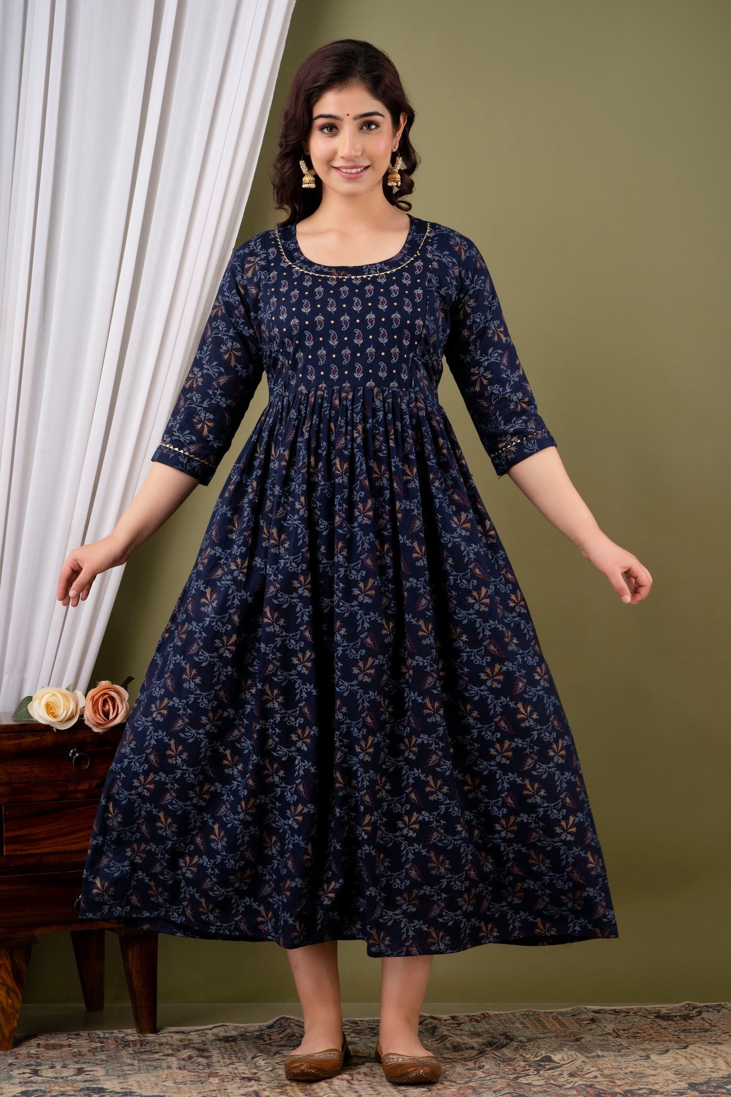 Hima Premium Cotton Anarkali Feeding & Maternity Kurti – 48 Inch Length, 2 Side Zips All-Day Comfort for Moms (Blue)