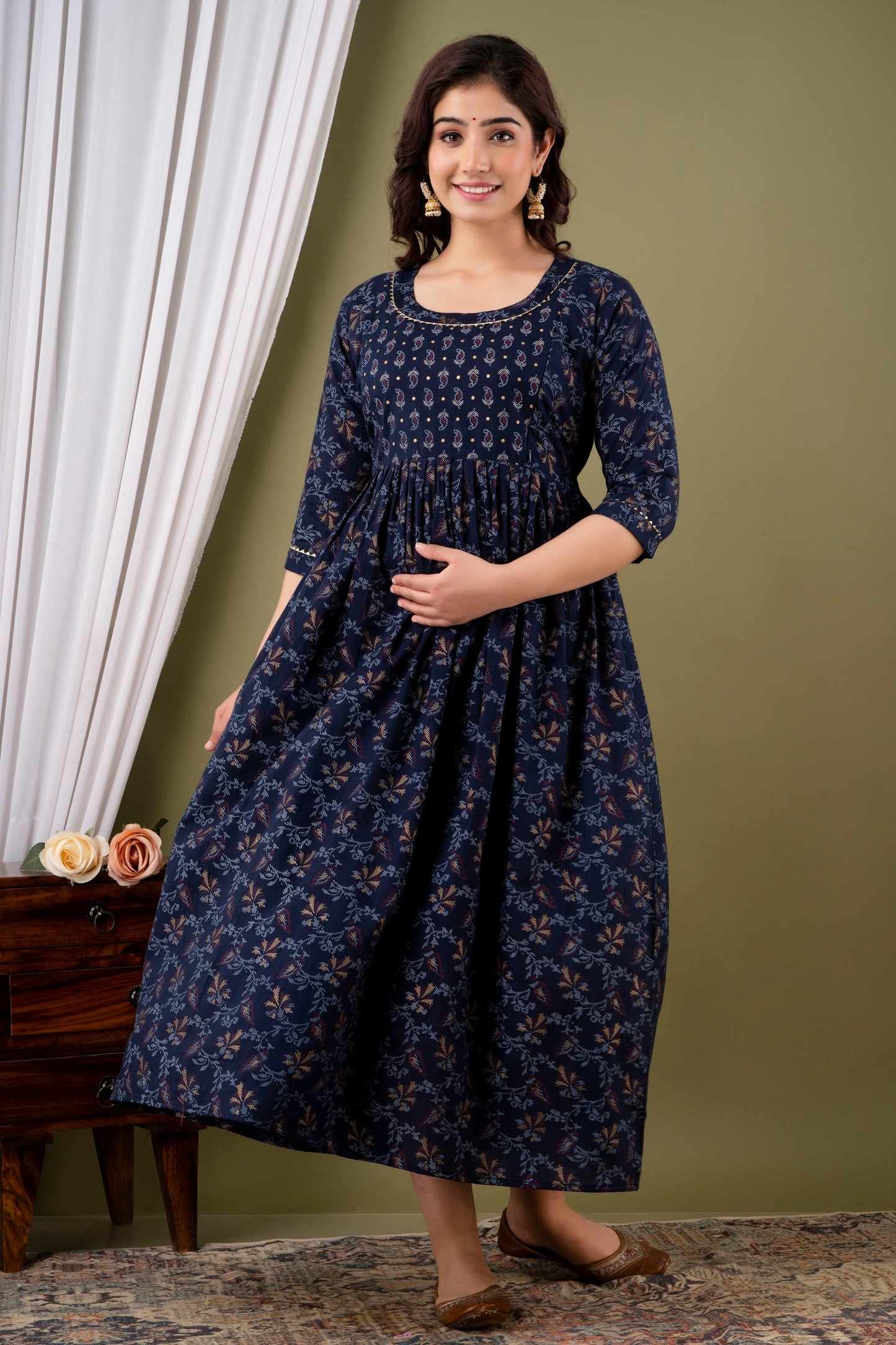 Hima Premium Cotton Anarkali Feeding & Maternity Kurti – 48 Inch Length, 2 Side Zips All-Day Comfort for Moms (Blue)