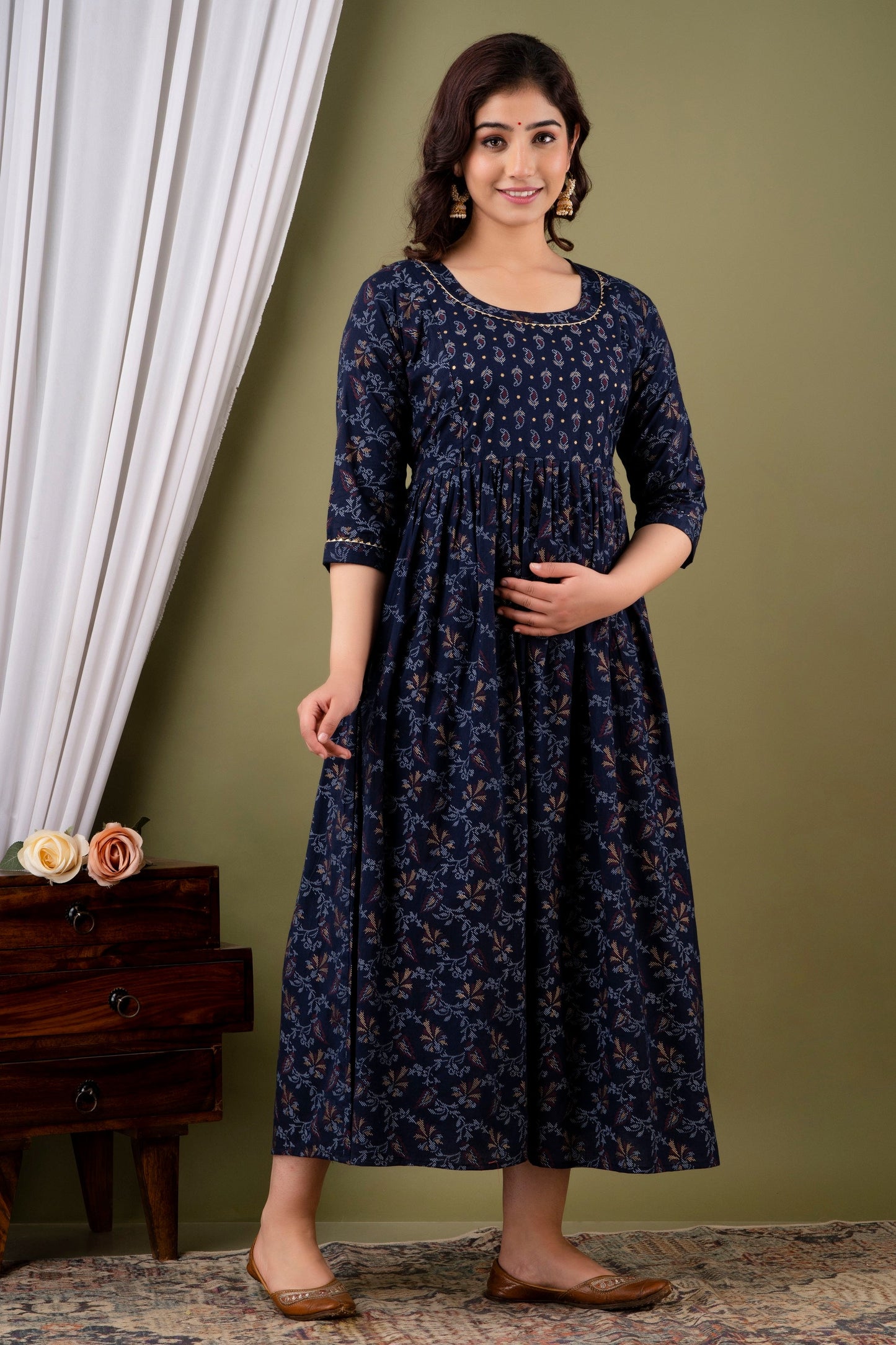 Hima Premium Cotton Anarkali Feeding & Maternity Kurti – 48 Inch Length, 2 Side Zips All-Day Comfort for Moms (Blue)