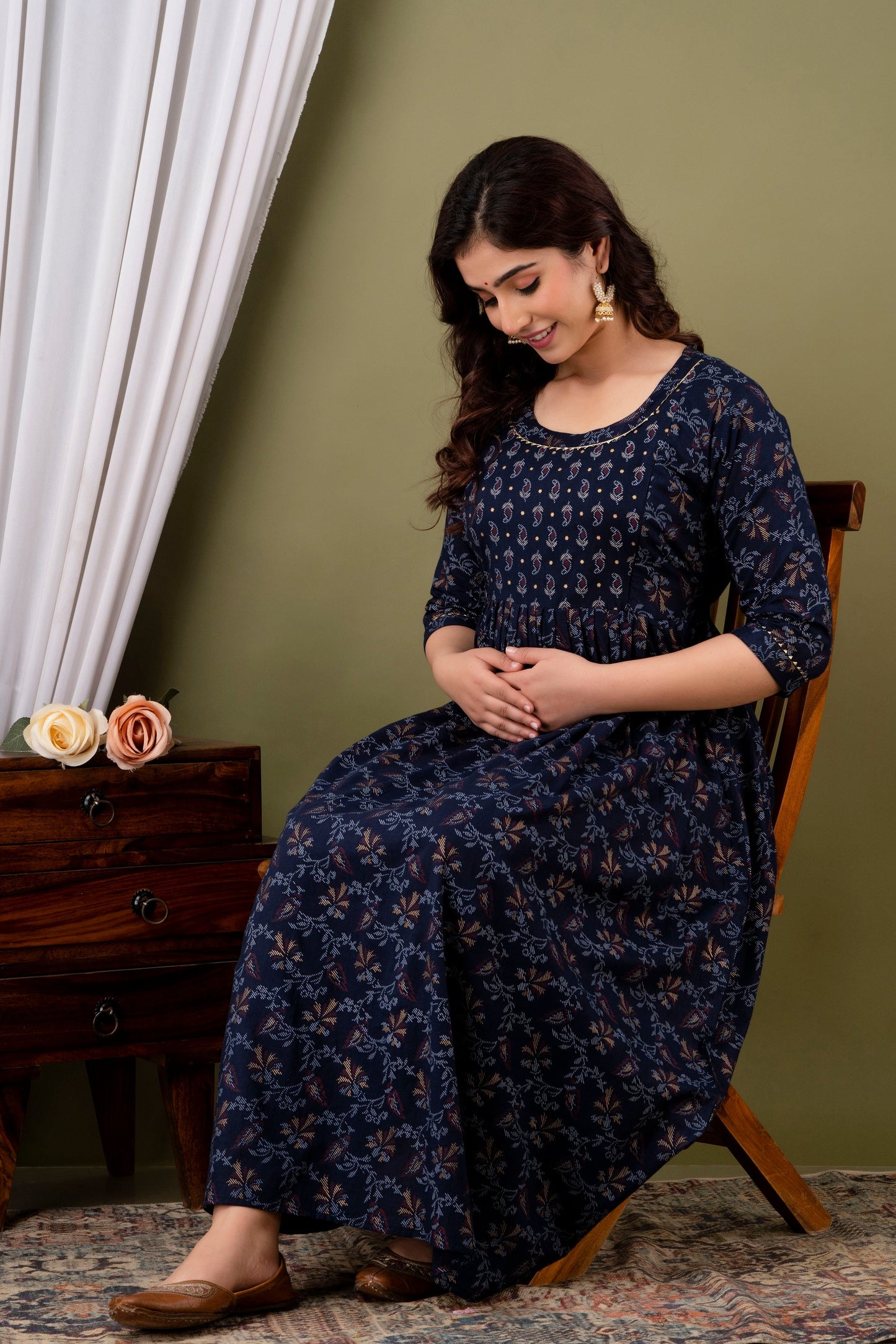 Hima Premium Cotton Anarkali Feeding & Maternity Kurti – 48 Inch Length, 2 Side Zips All-Day Comfort for Moms (Blue)