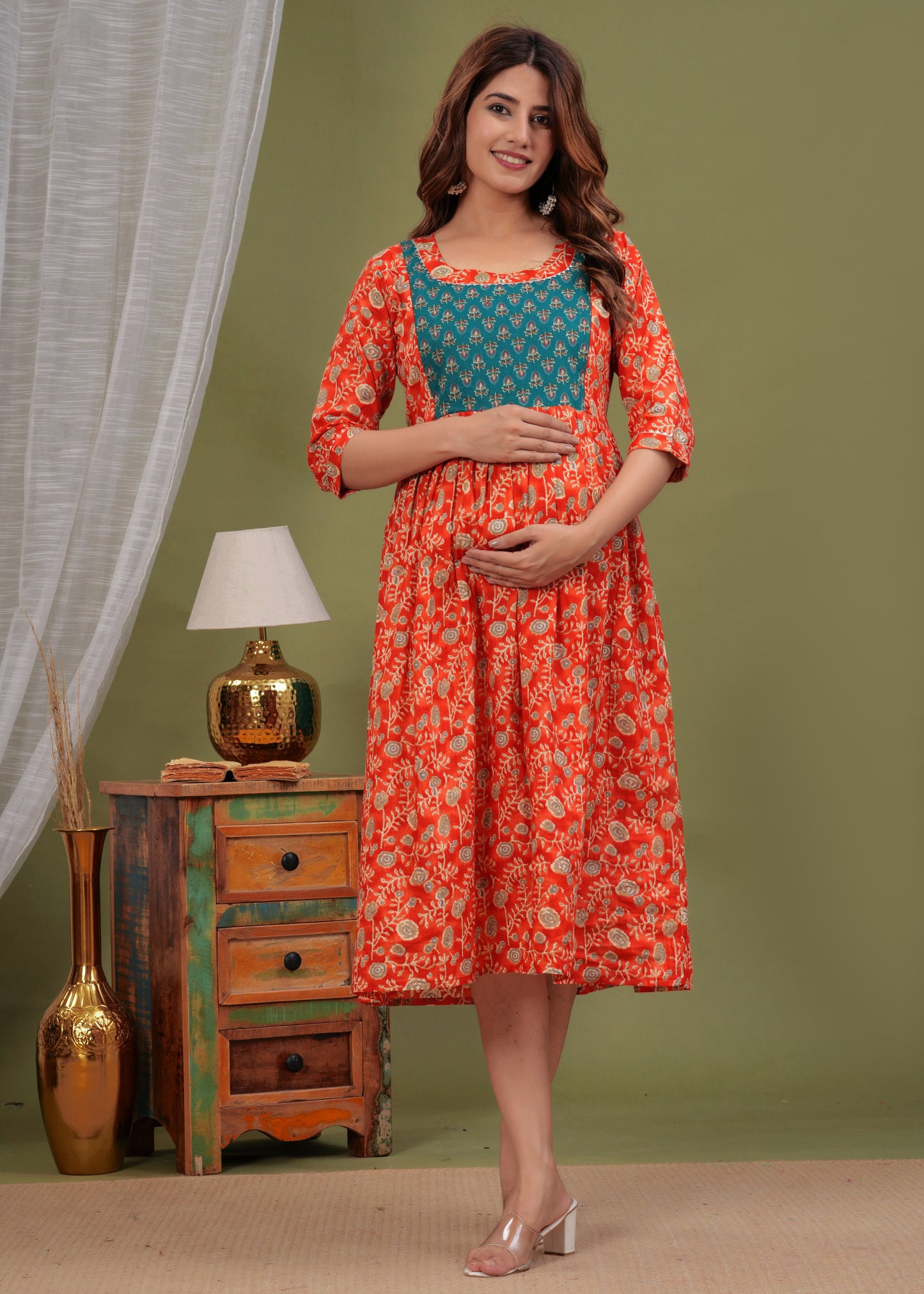 Hima Premium Cotton Anarkali Feeding & Maternity Kurti – 48 Inch Length, 2 Side Zips All-Day Comfort for Moms (Orange)