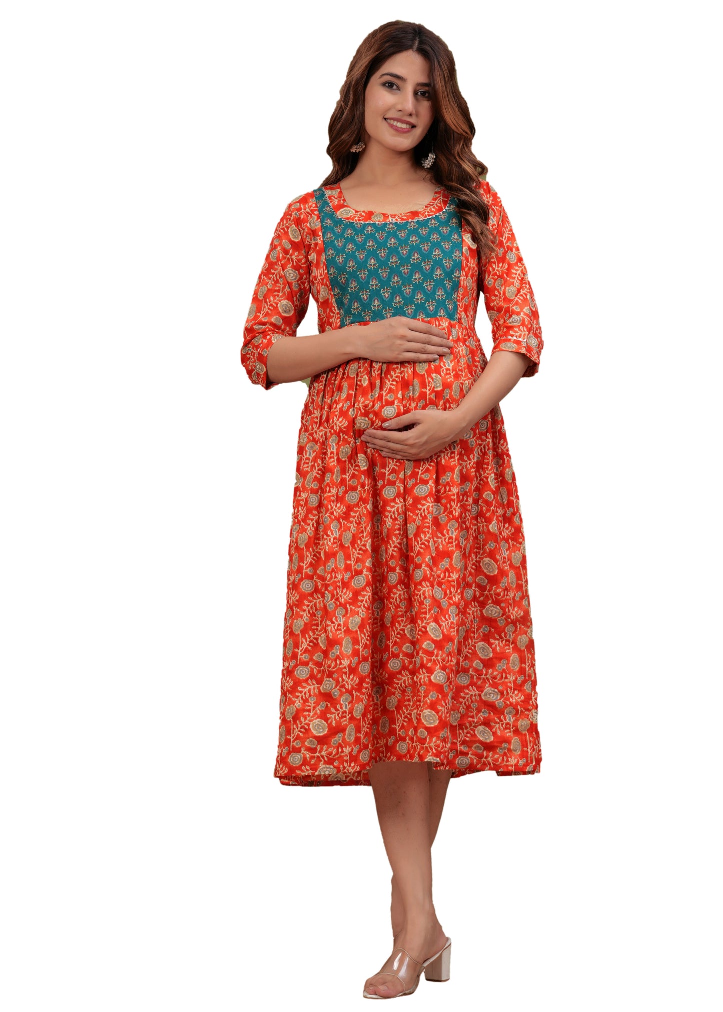Hima Premium Cotton Anarkali Feeding & Maternity Kurti – 48 Inch Length, 2 Side Zips All-Day Comfort for Moms (Orange)