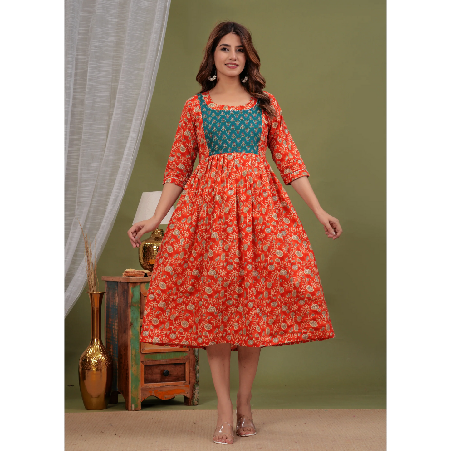 Hima Premium Cotton Anarkali Feeding & Maternity Kurti β 48 Inch Length, 2 Side Zips All-Day Comfort for Moms (Red)