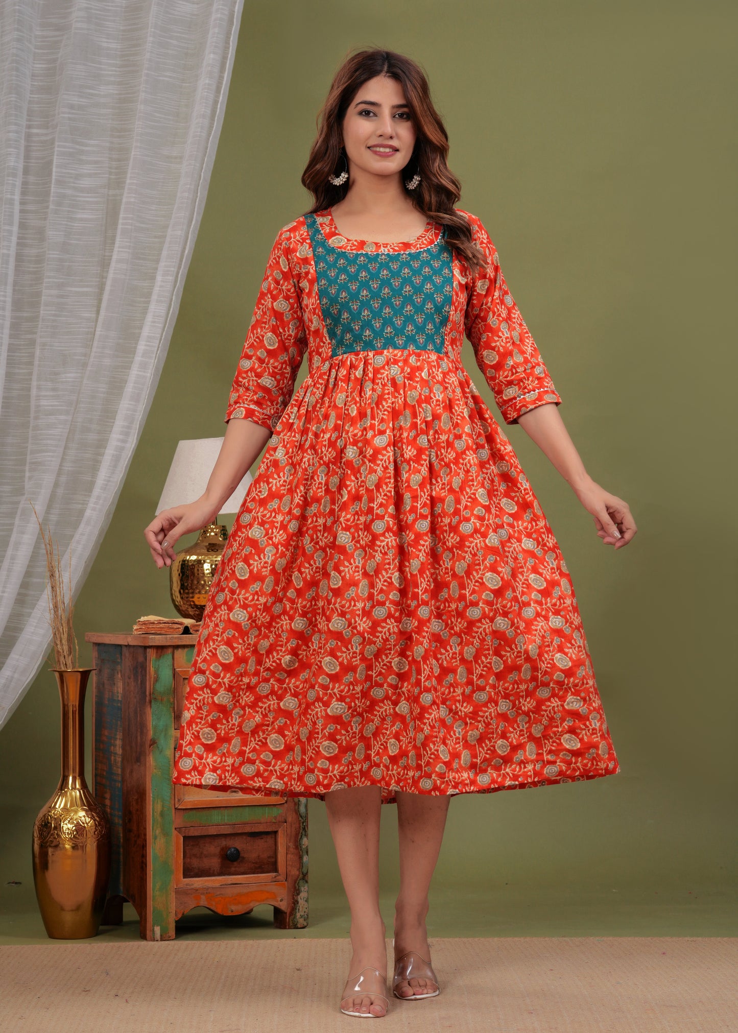 Hima Premium Cotton Anarkali Feeding & Maternity Kurti – 48 Inch Length, 2 Side Zips All-Day Comfort for Moms (Orange)