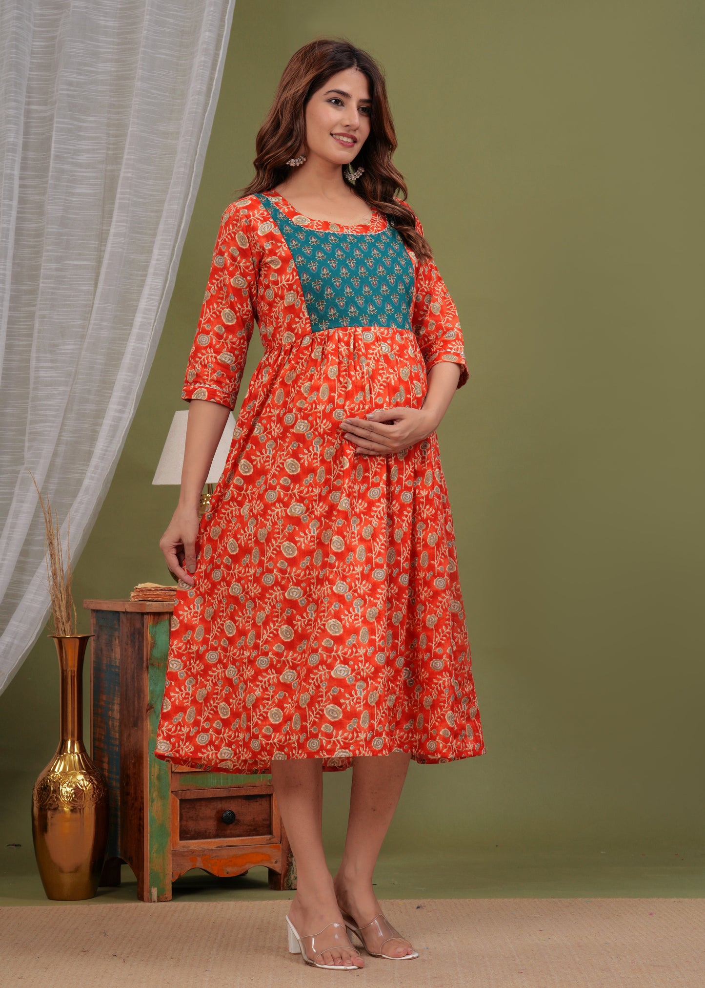 Hima Premium Cotton Anarkali Feeding & Maternity Kurti – 48 Inch Length, 2 Side Zips All-Day Comfort for Moms (Orange)