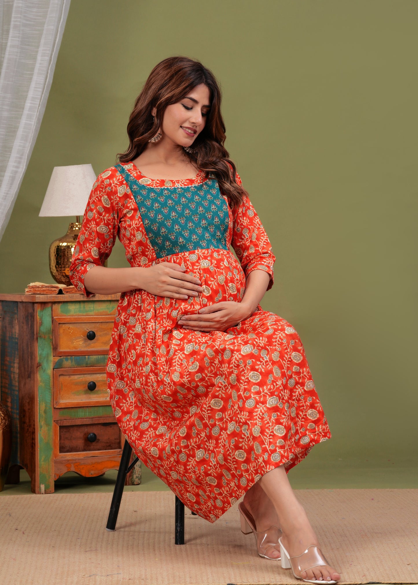 Hima Premium Cotton Anarkali Feeding & Maternity Kurti – 48 Inch Length, 2 Side Zips All-Day Comfort for Moms (Orange)