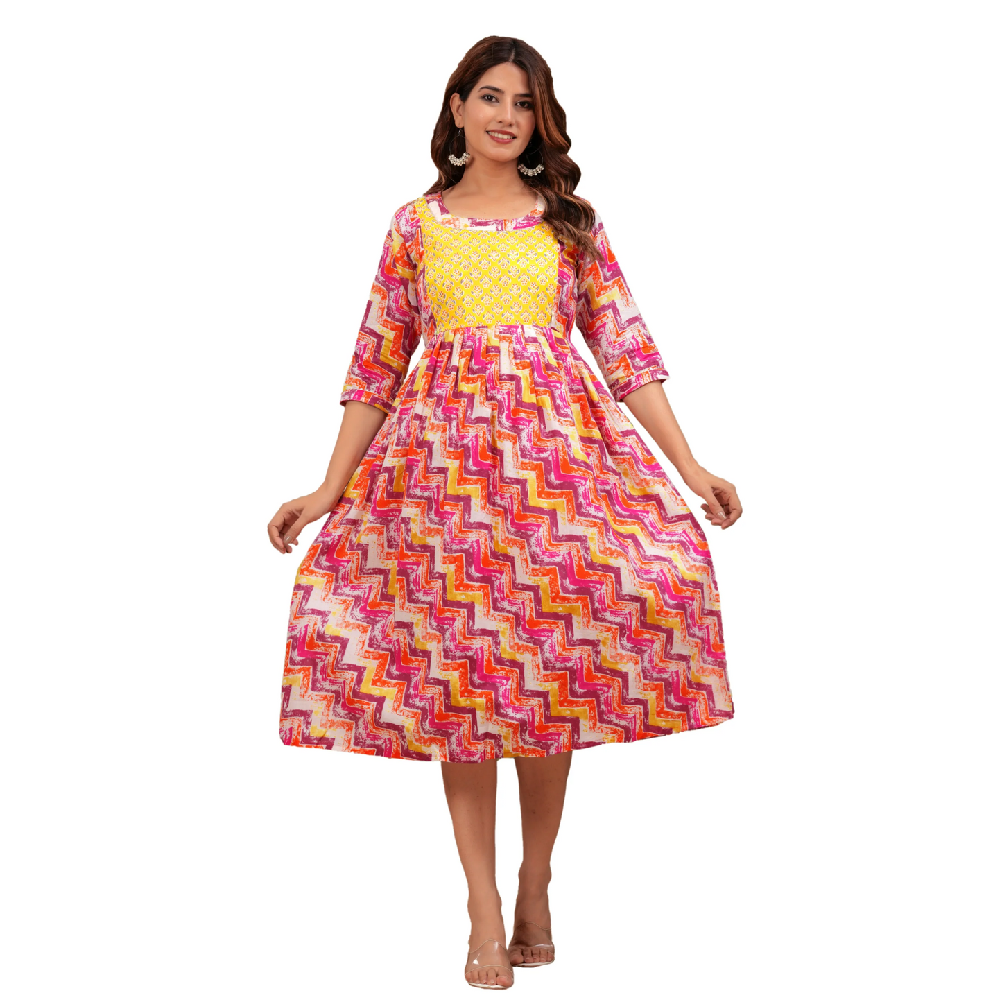 Hima Premium Cotton Anarkali Feeding & Maternity Kurti β 48 Inch Length, 2 Side Zips All-Day Comfort for Moms (Pink)