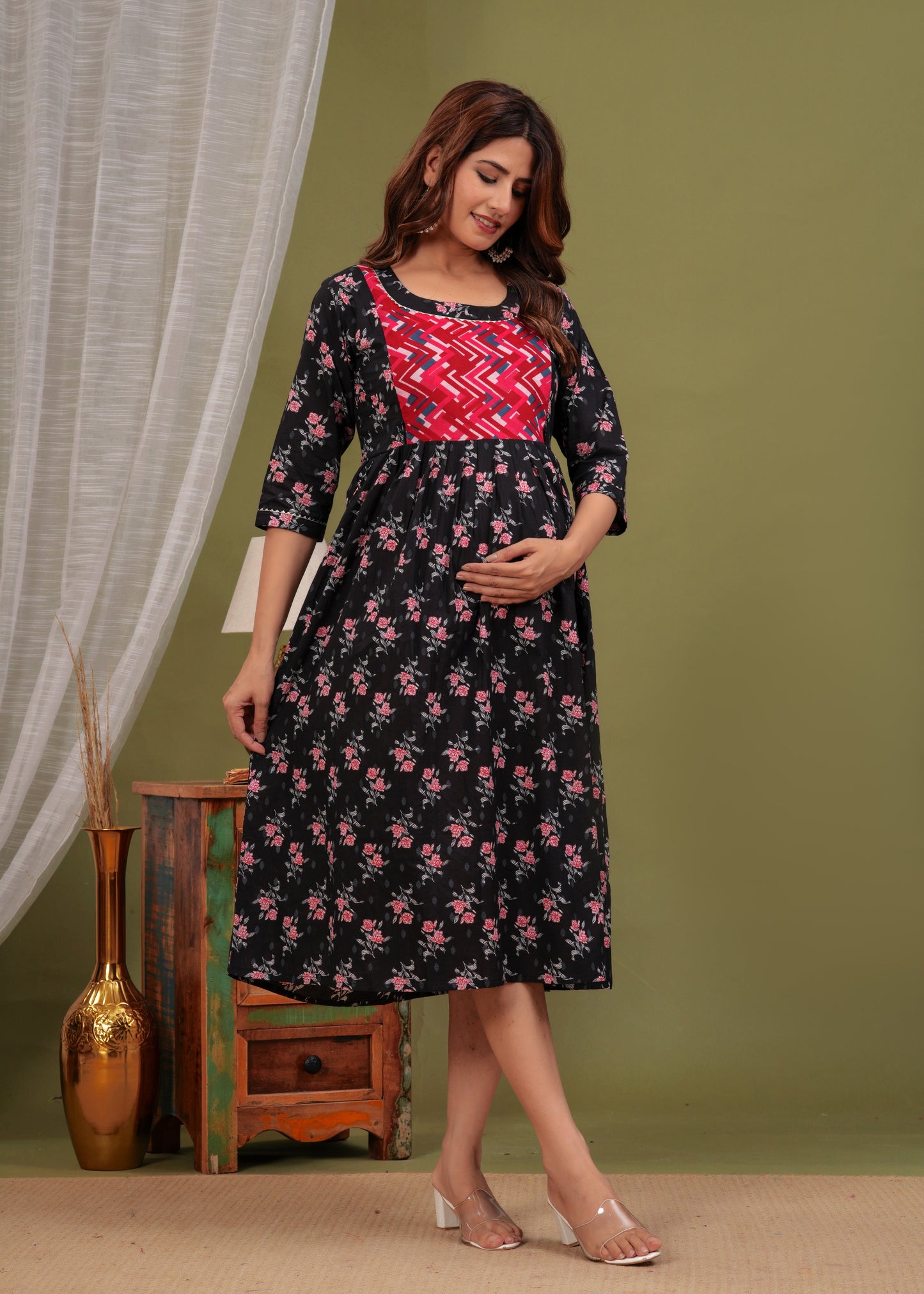 Hima Premium Cotton Anarkali Feeding & Maternity Kurti β 48 Inch Length, 2 Side Zips All-Day Comfort for Moms (Black Pink)