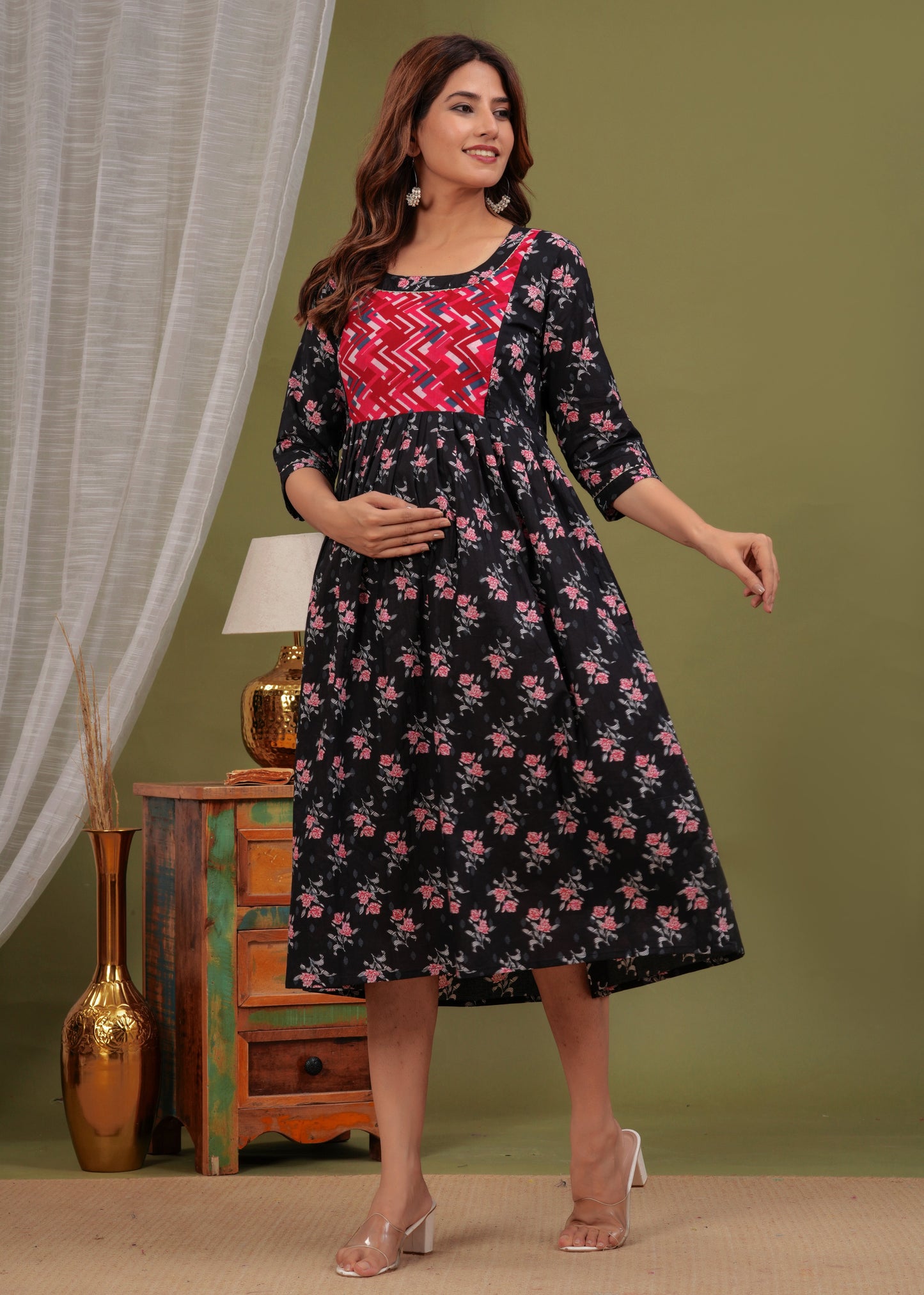 Hima Premium Cotton Anarkali Feeding & Maternity Kurti β 48 Inch Length, 2 Side Zips All-Day Comfort for Moms (Black Pink)