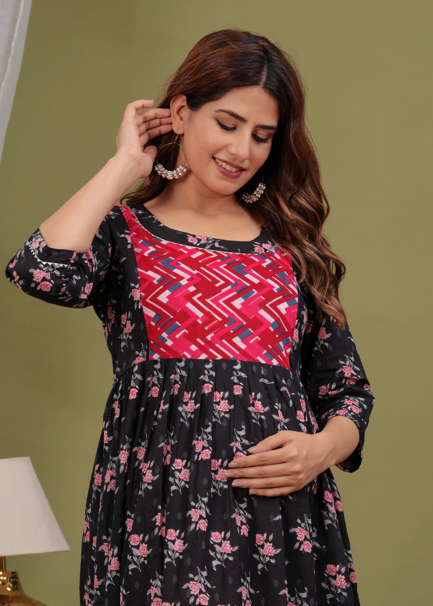 Hima Premium Cotton Anarkali Feeding & Maternity Kurti β 48 Inch Length, 2 Side Zips All-Day Comfort for Moms (Black Pink)