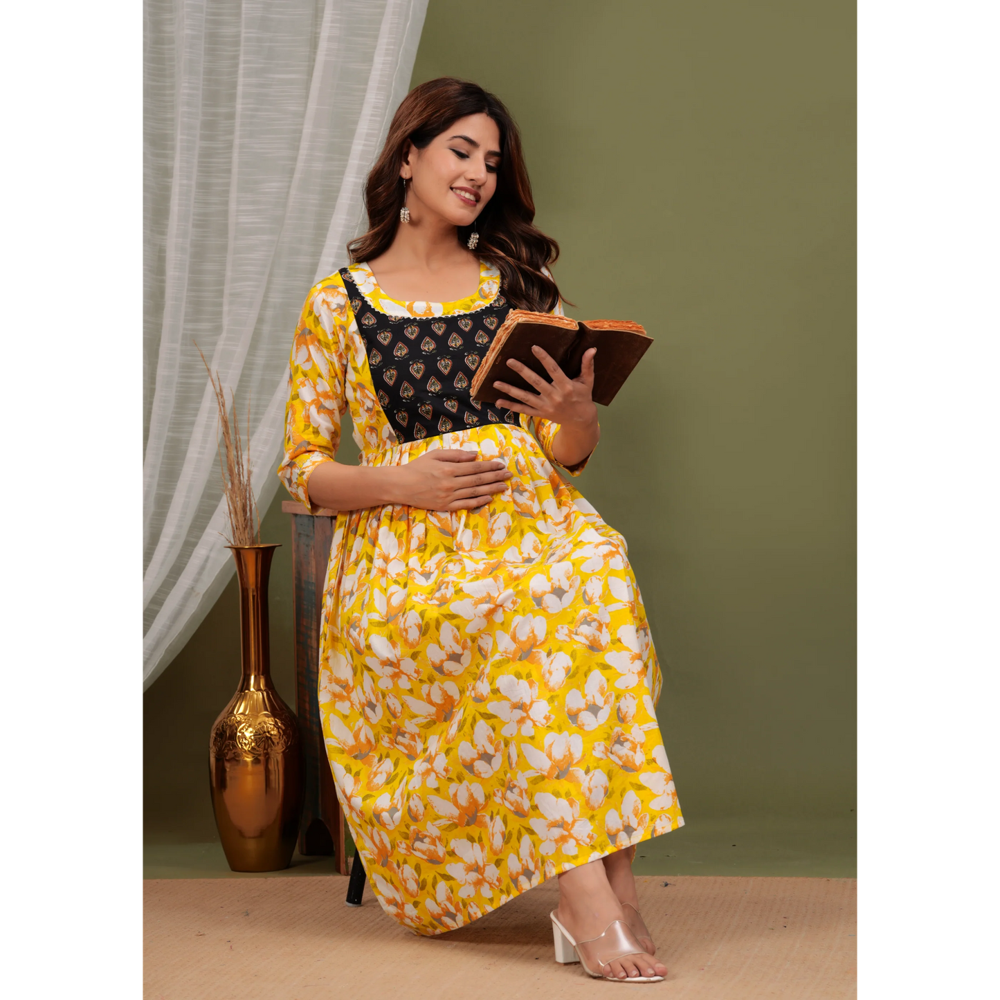Hima Premium Cotton Anarkali Feeding & Maternity Kurti β 48 Inch Length, 2 Side Zips All-Day Comfort for Moms (Yellow)
