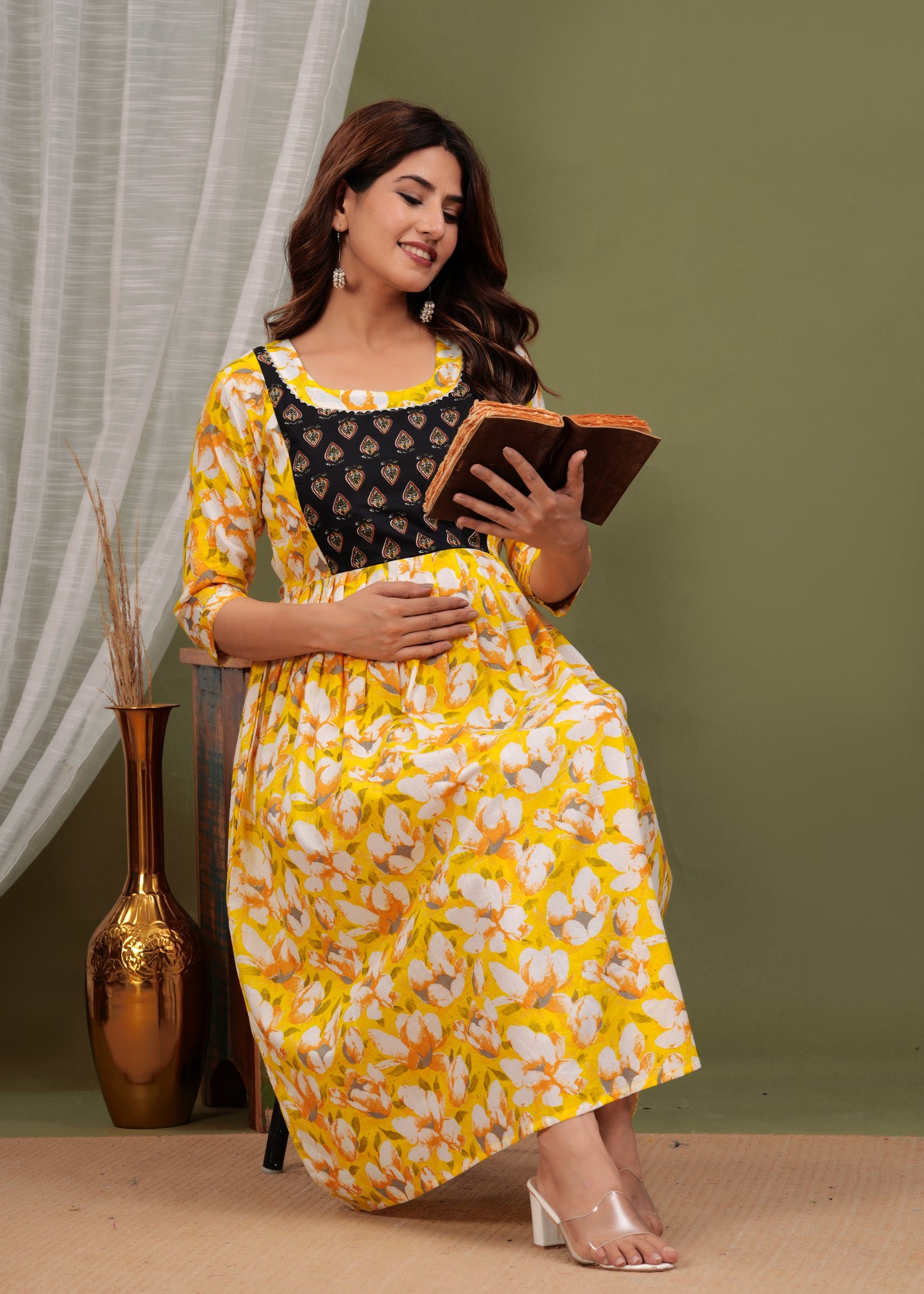 Hima Premium Cotton Anarkali Feeding & Maternity Kurti – 48 Inch Length, 2 Side Zips All-Day Comfort for Moms (Yellow)