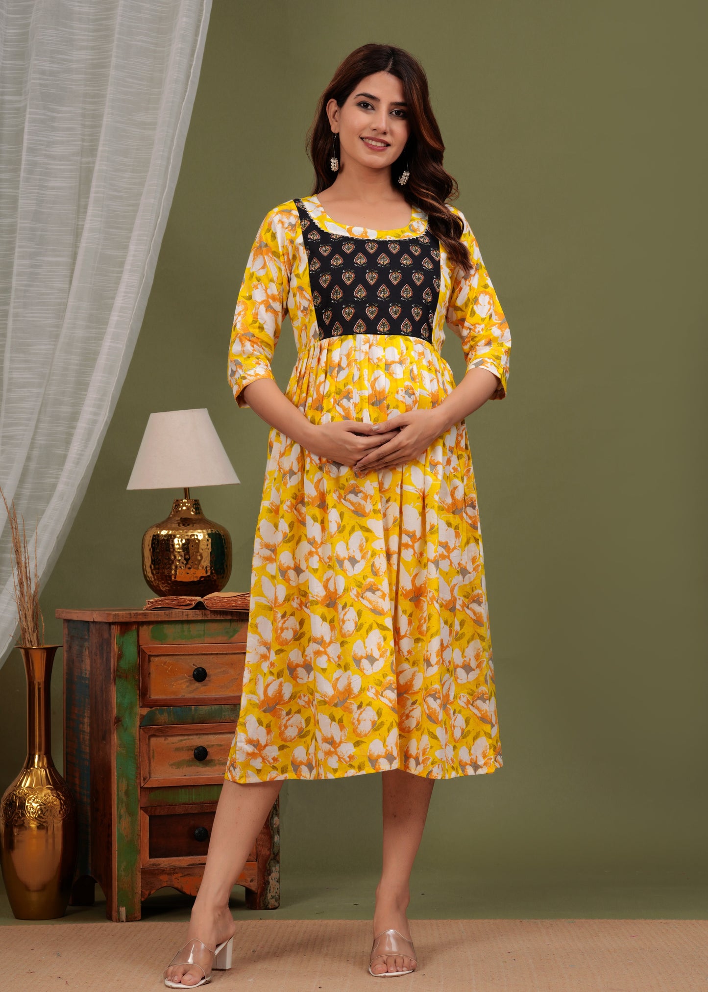 Hima Premium Cotton Anarkali Feeding & Maternity Kurti – 48 Inch Length, 2 Side Zips All-Day Comfort for Moms (Yellow)