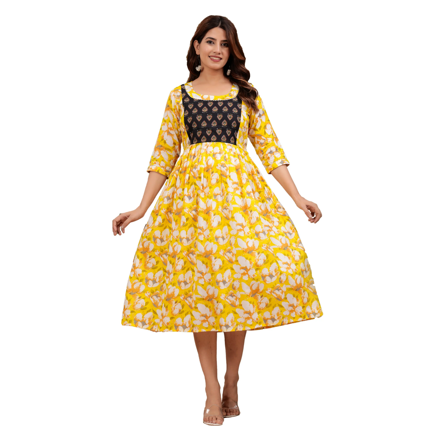 Hima Premium Cotton Anarkali Feeding & Maternity Kurti β 48 Inch Length, 2 Side Zips All-Day Comfort for Moms (Yellow)