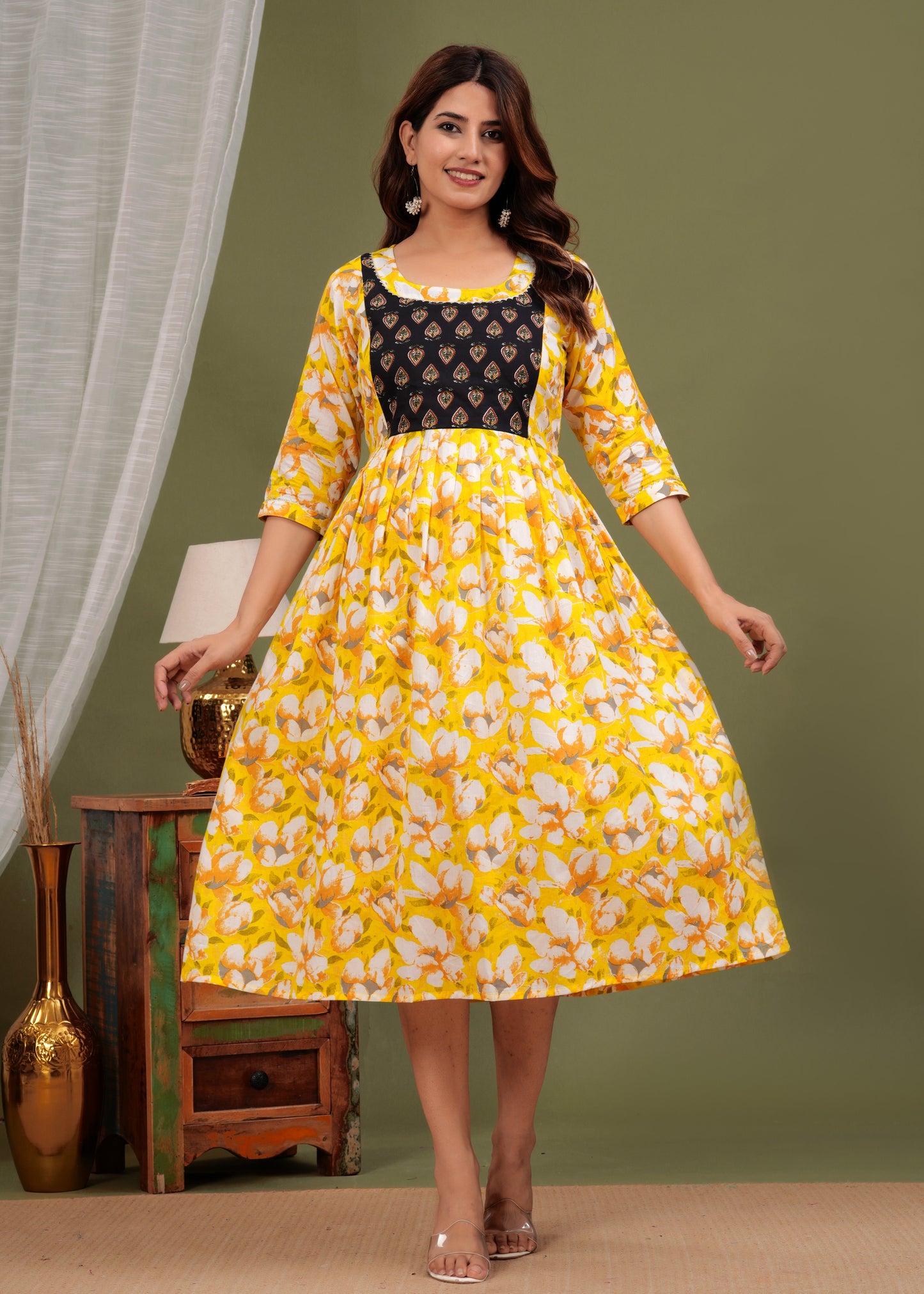 Hima Premium Cotton Anarkali Feeding & Maternity Kurti – 48 Inch Length, 2 Side Zips All-Day Comfort for Moms (Yellow)