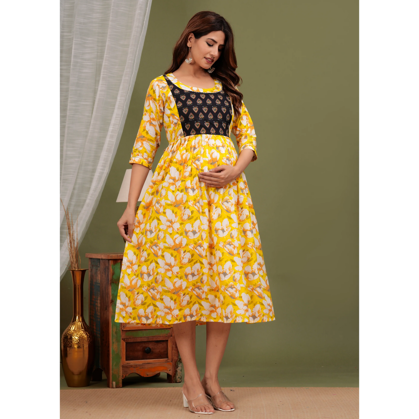 Hima Premium Cotton Anarkali Feeding & Maternity Kurti β 48 Inch Length, 2 Side Zips All-Day Comfort for Moms (Yellow)