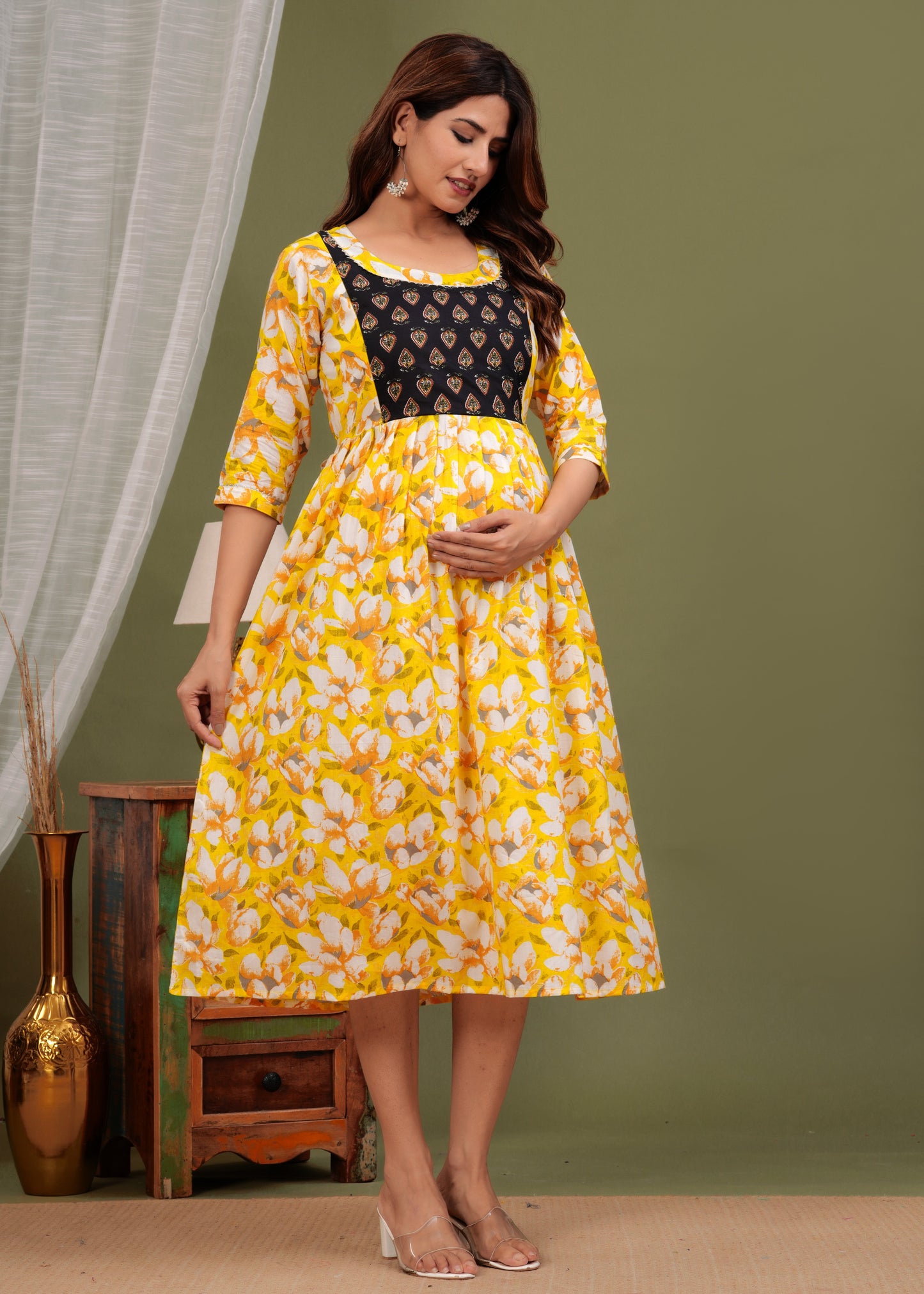 Hima Premium Cotton Anarkali Feeding & Maternity Kurti – 48 Inch Length, 2 Side Zips All-Day Comfort for Moms (Yellow)