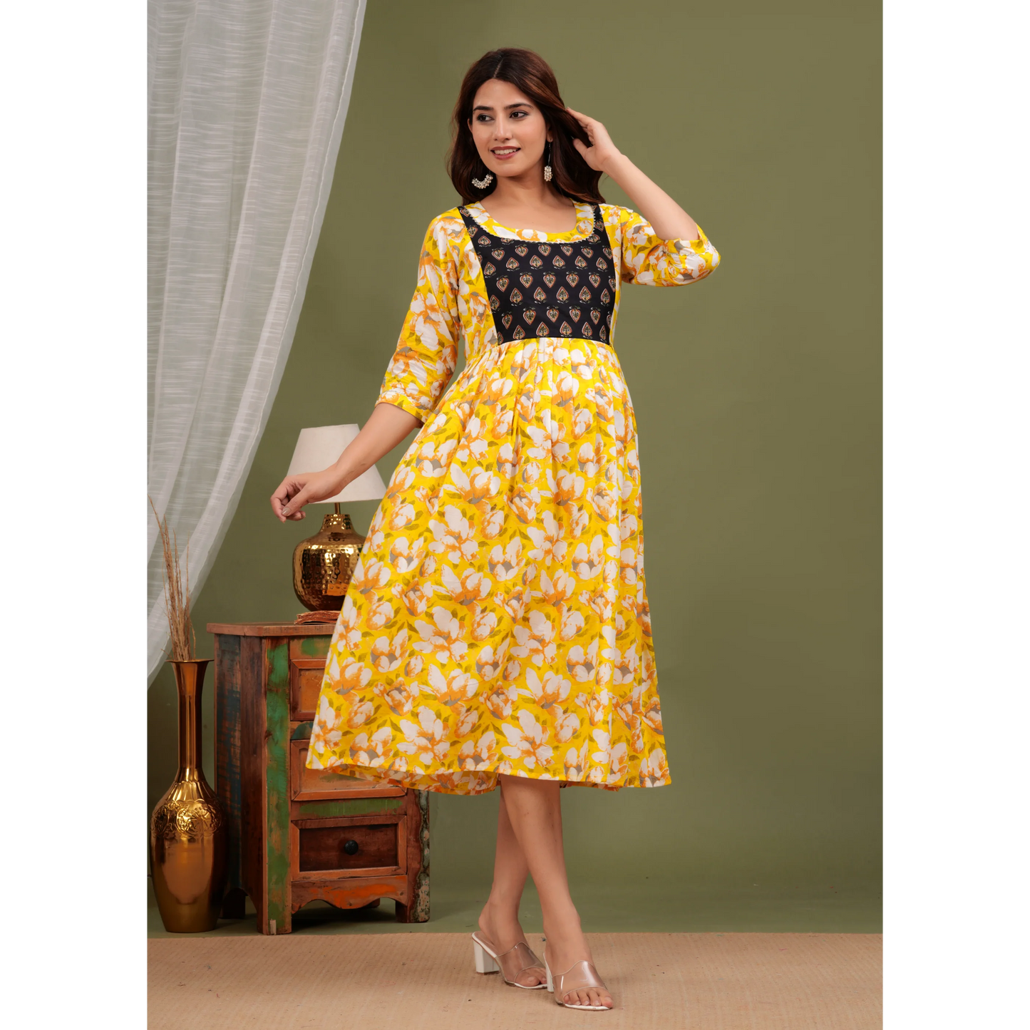 Hima Premium Cotton Anarkali Feeding & Maternity Kurti β 48 Inch Length, 2 Side Zips All-Day Comfort for Moms (Yellow)