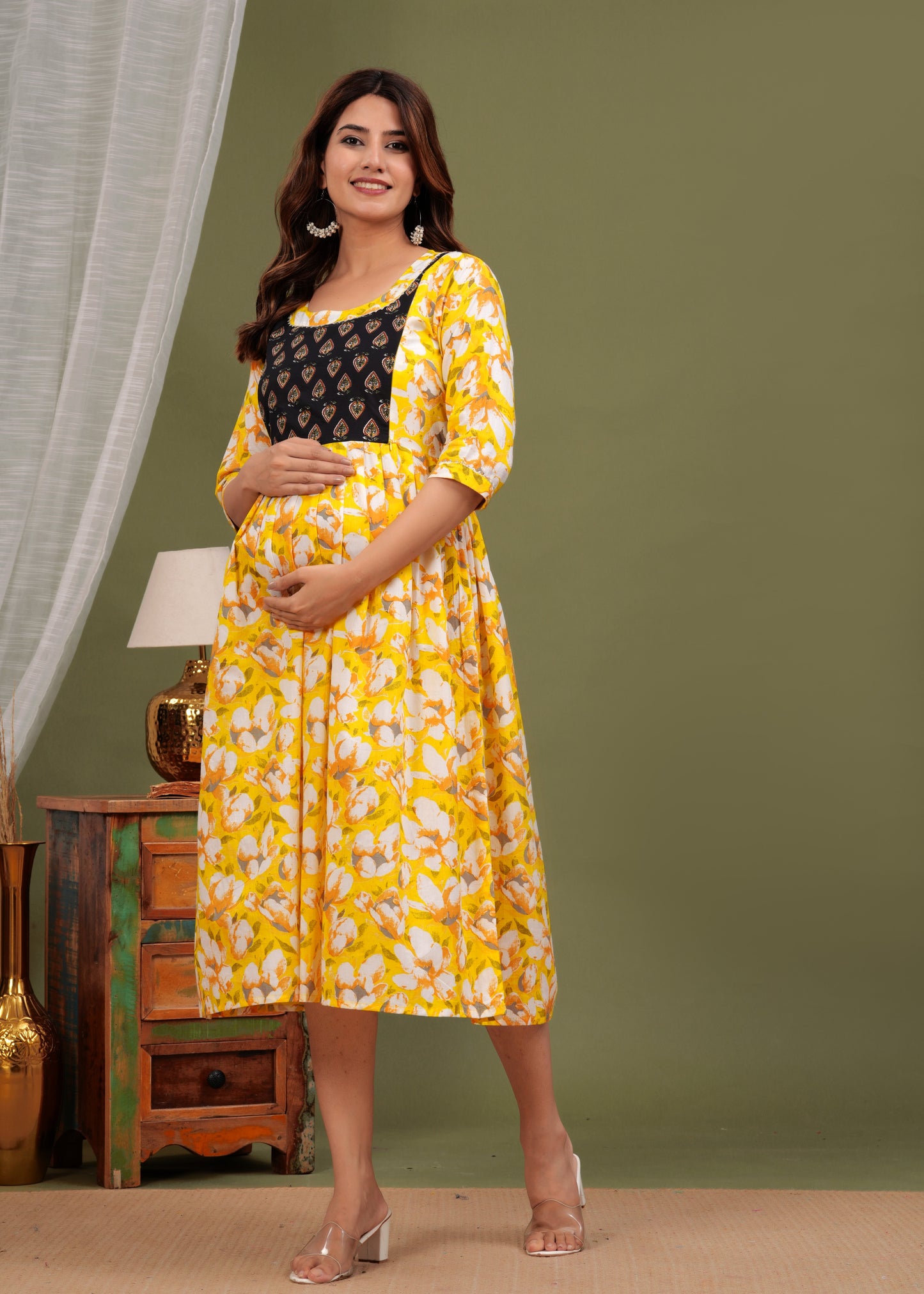 Hima Premium Cotton Anarkali Feeding & Maternity Kurti – 48 Inch Length, 2 Side Zips All-Day Comfort for Moms (Yellow)