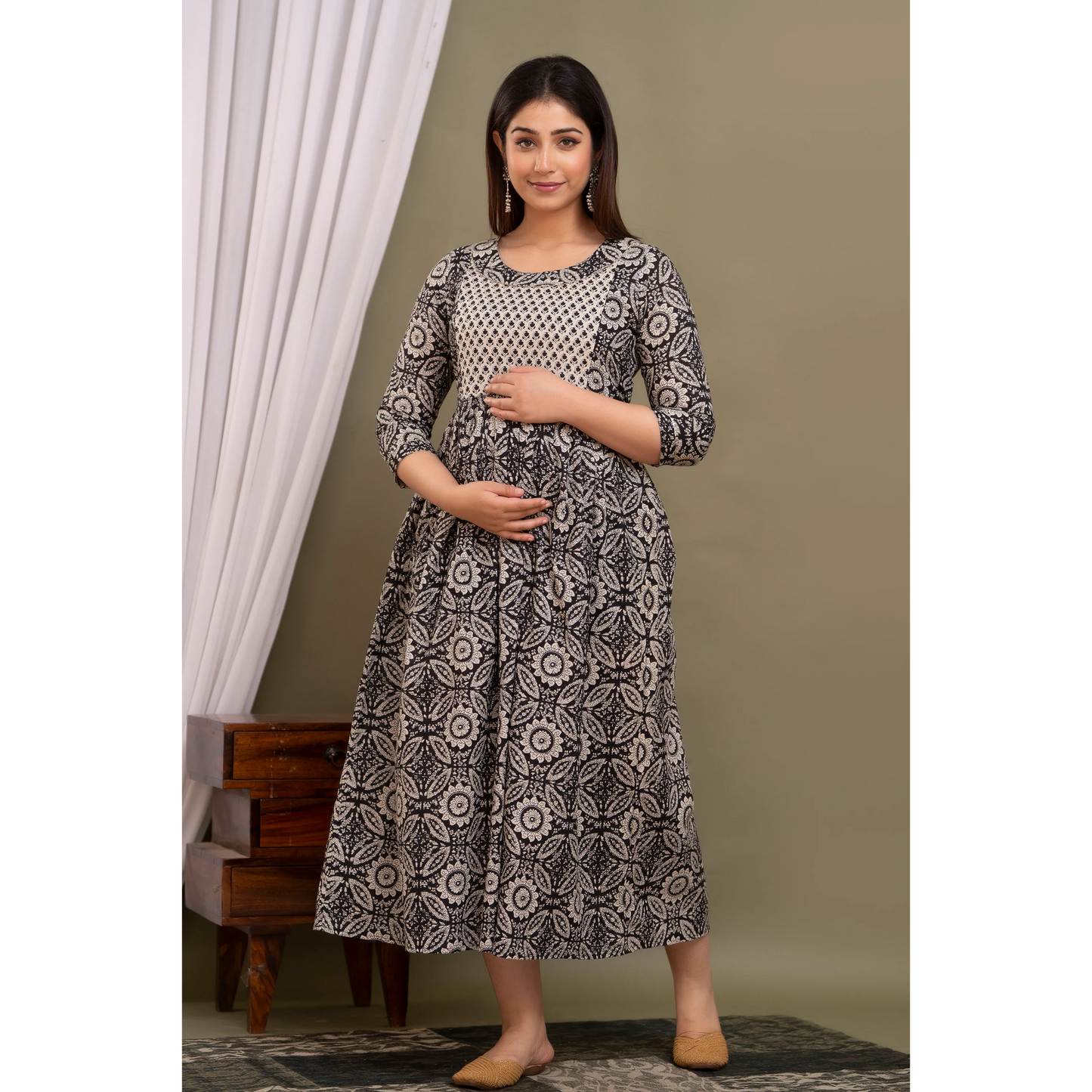 Hima Premium Cotton Anarkali Feeding & Maternity Kurti β 48 Inch Length, 2 Side Zips All-Day Comfort for Moms(Grey)