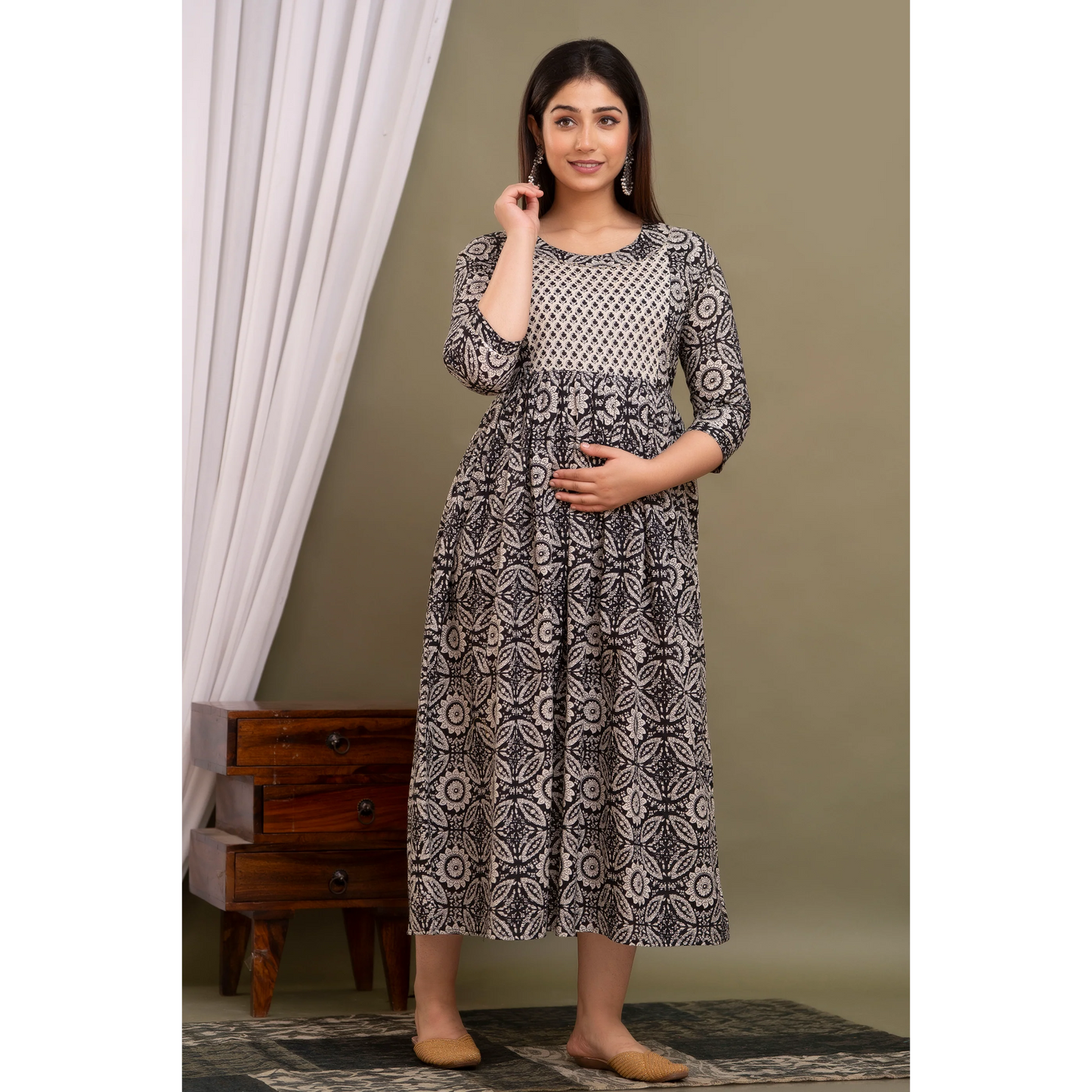 Hima Premium Cotton Anarkali Feeding & Maternity Kurti β 48 Inch Length, 2 Side Zips All-Day Comfort for Moms(Grey)