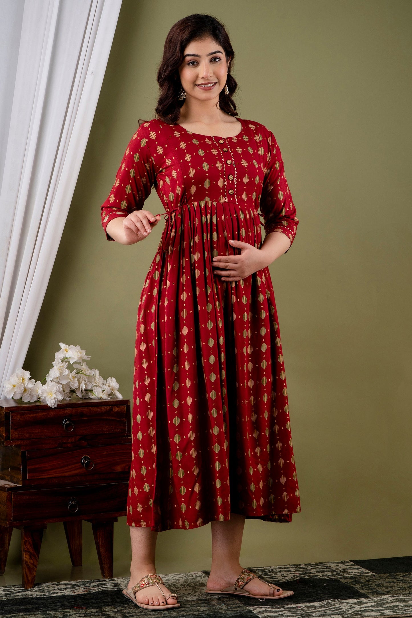Hima Premium Cotton Anarkali Feeding & Maternity Kurti β 48 Inch Length, 2 Side Zips All-Day Comfort for Moms (Red Rayon)