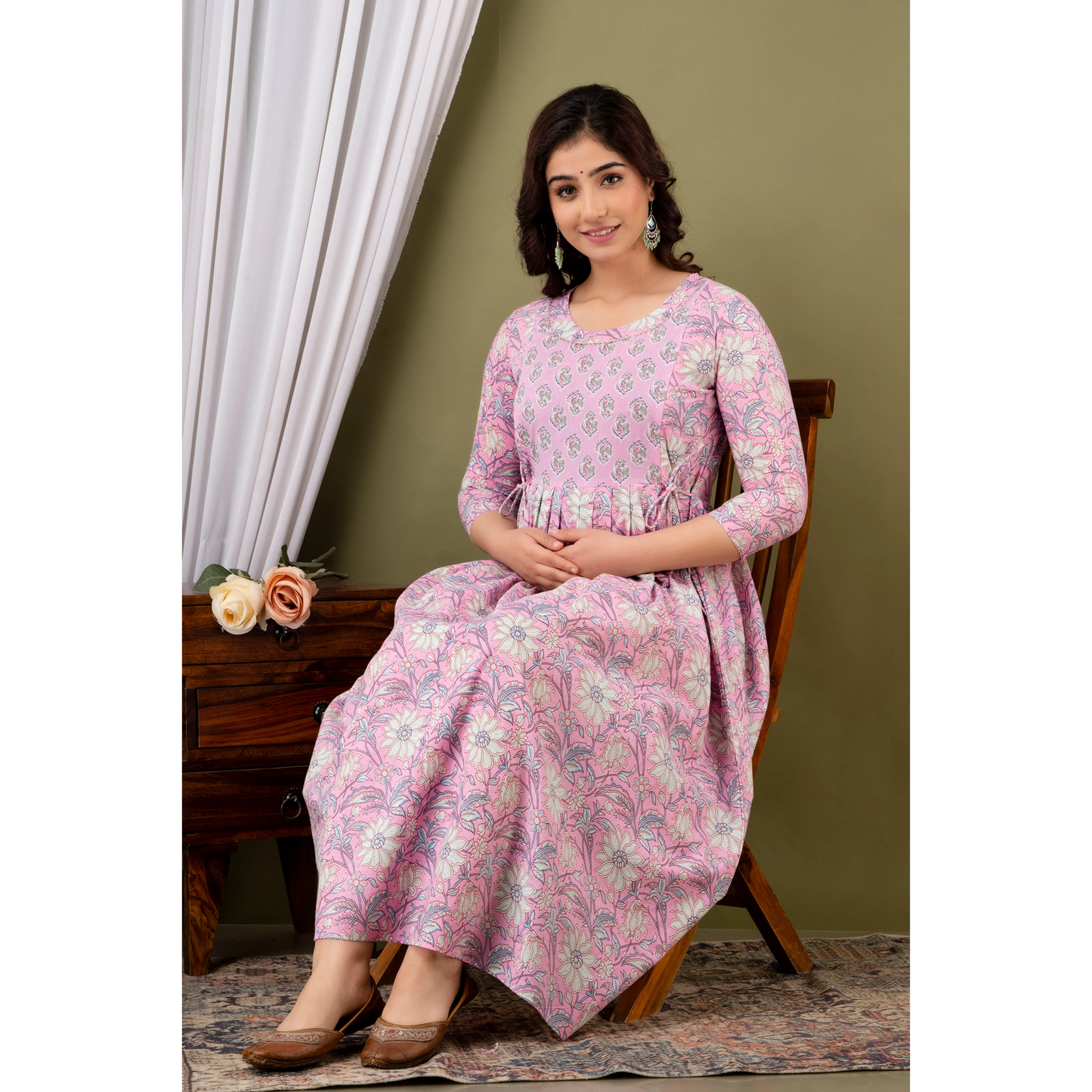 Hima Premium Cotton Anarkali Feeding & Maternity Kurti β 48 Inch Length, 2 Side Zips All-Day Comfort for Moms (Pink)