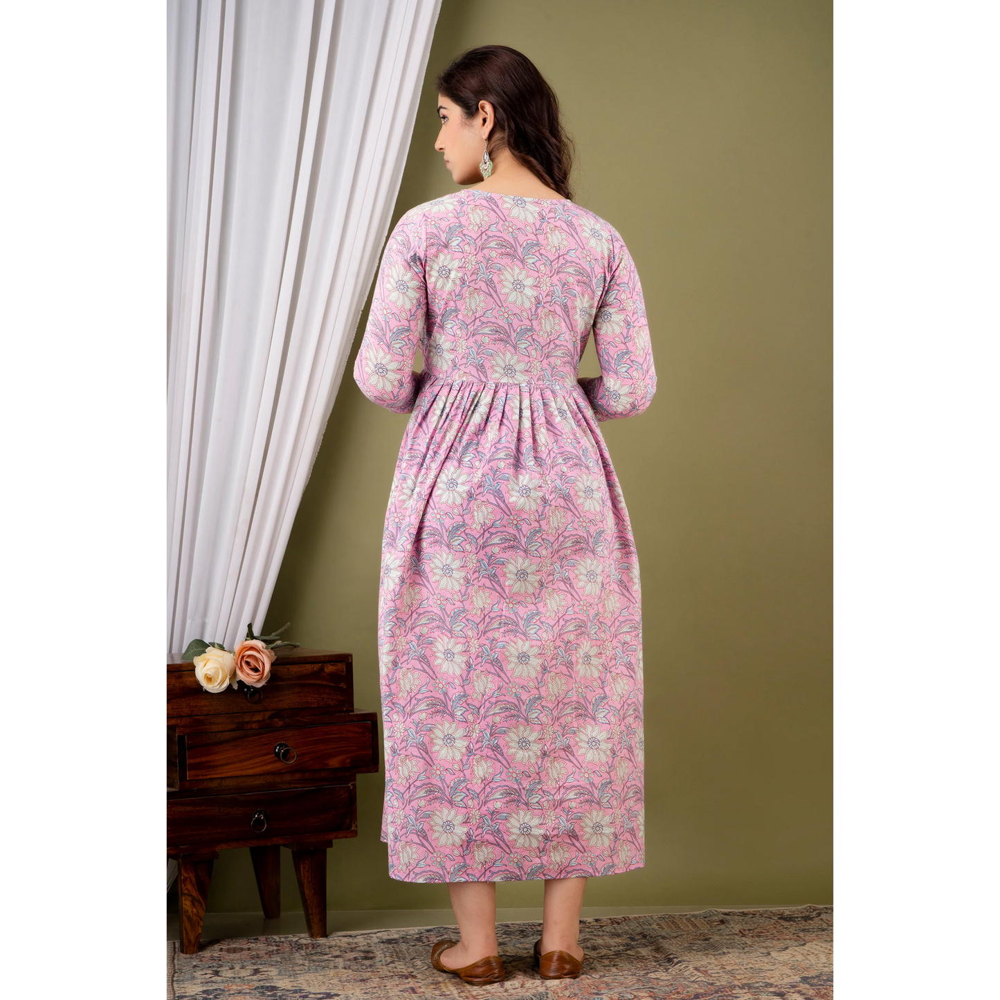 Hima Premium Cotton Anarkali Feeding & Maternity Kurti β 48 Inch Length, 2 Side Zips All-Day Comfort for Moms (Pink)