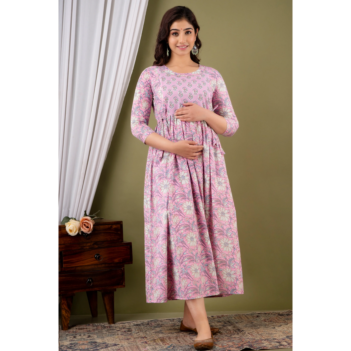 Hima Premium Cotton Anarkali Feeding & Maternity Kurti β 48 Inch Length, 2 Side Zips All-Day Comfort for Moms (Pink)