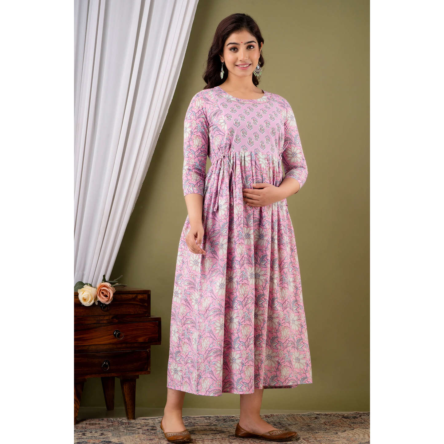 Hima Premium Cotton Anarkali Feeding & Maternity Kurti β 48 Inch Length, 2 Side Zips All-Day Comfort for Moms (Pink)