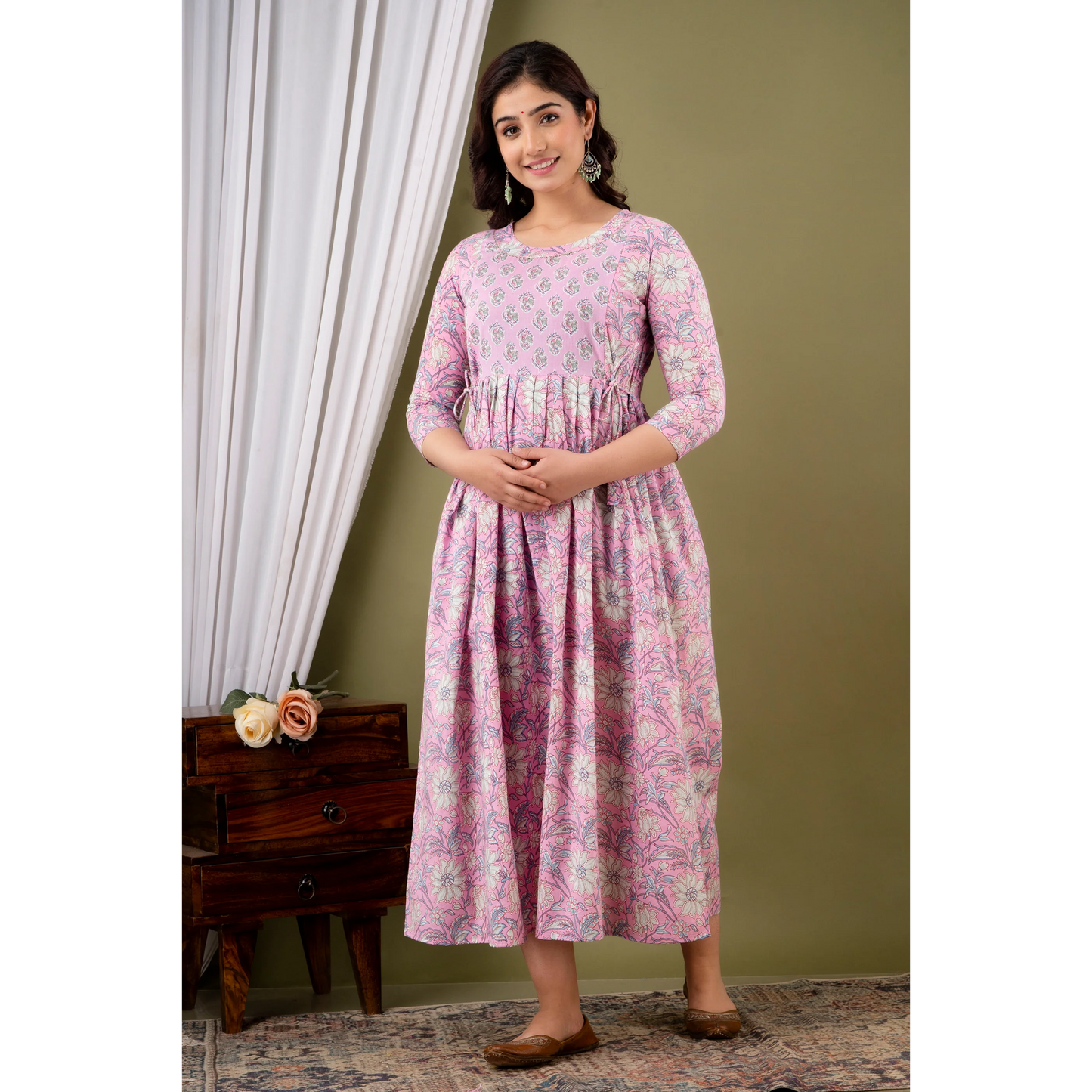 Hima Premium Cotton Anarkali Feeding & Maternity Kurti β 48 Inch Length, 2 Side Zips All-Day Comfort for Moms (Pink)