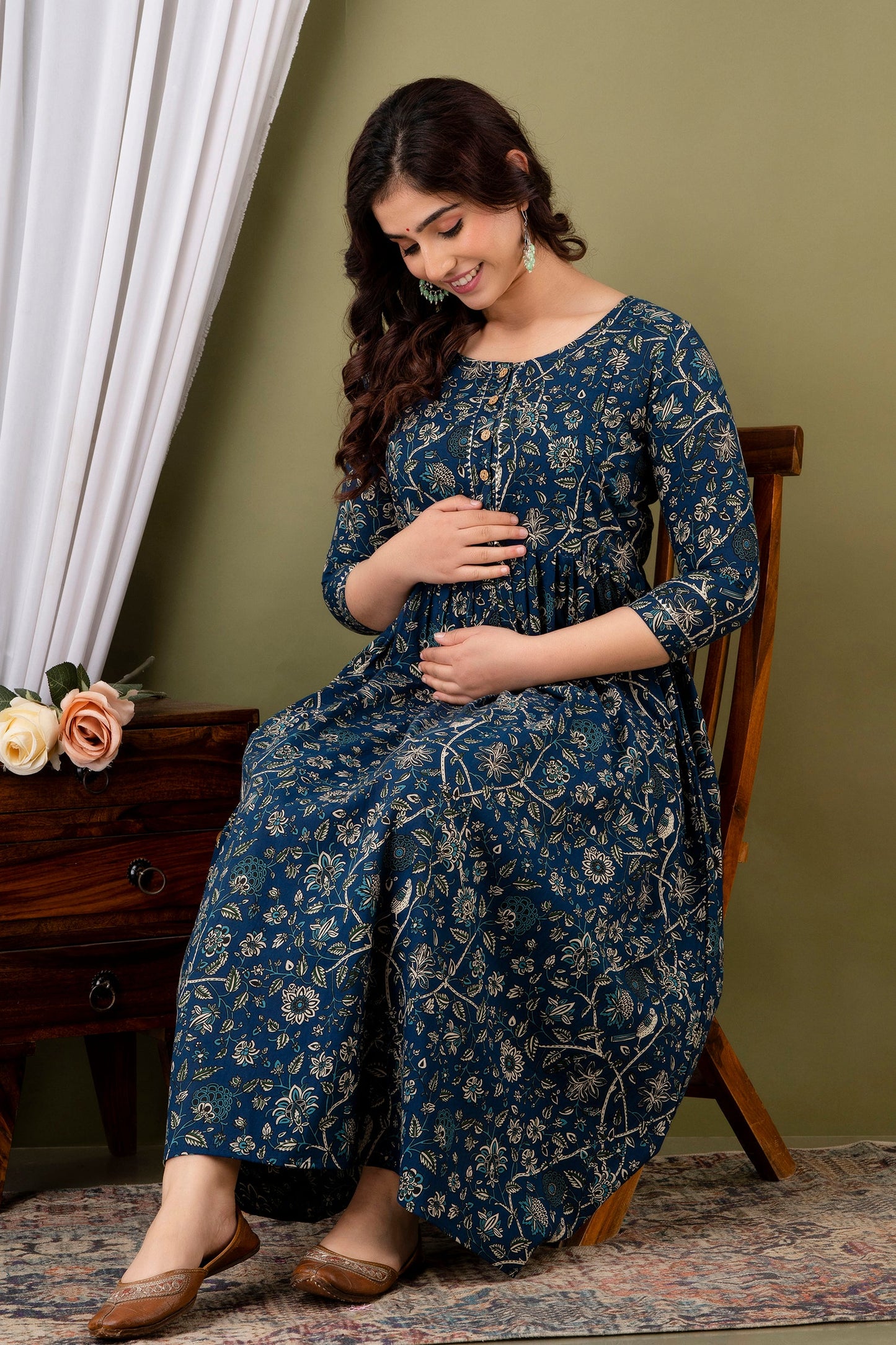 Hima Premium Cotton Anarkali Feeding & Maternity Kurti – 48 Inch Length, 2 Side Zips All-Day Comfort for Moms (Blue)