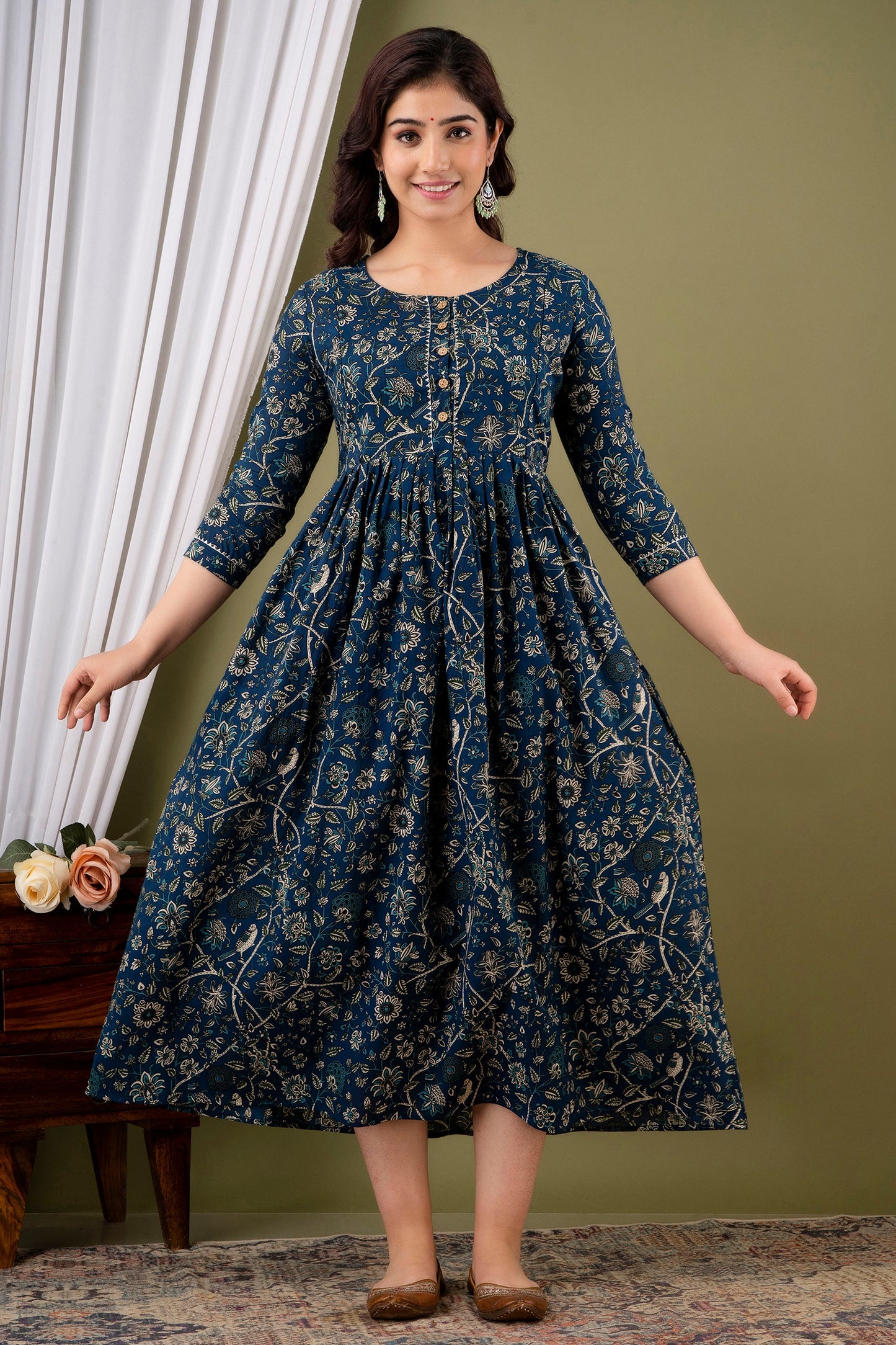 Hima Premium Cotton Anarkali Feeding & Maternity Kurti – 48 Inch Length, 2 Side Zips All-Day Comfort for Moms (Blue)