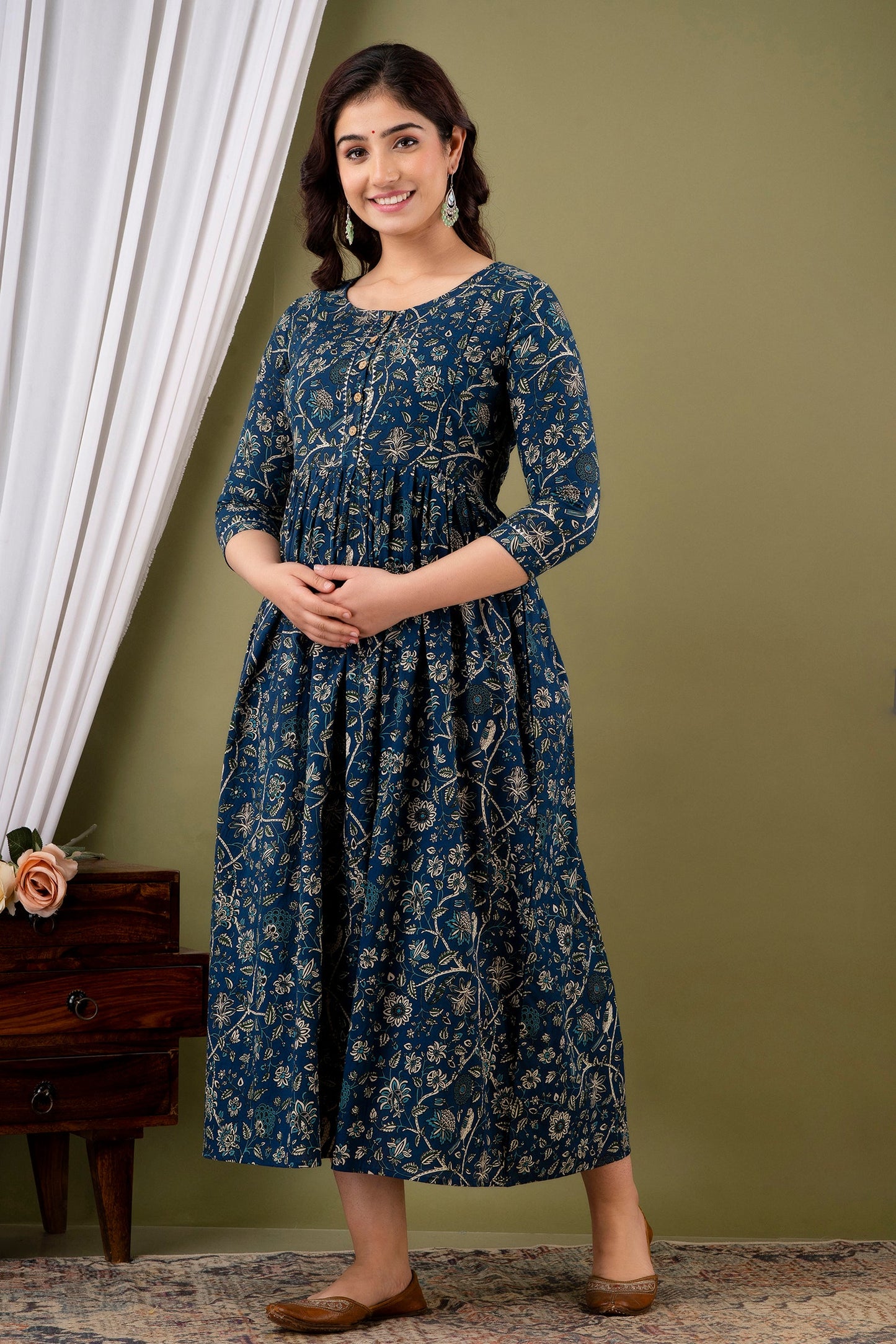 Hima Premium Cotton Anarkali Feeding & Maternity Kurti – 48 Inch Length, 2 Side Zips All-Day Comfort for Moms (Blue)