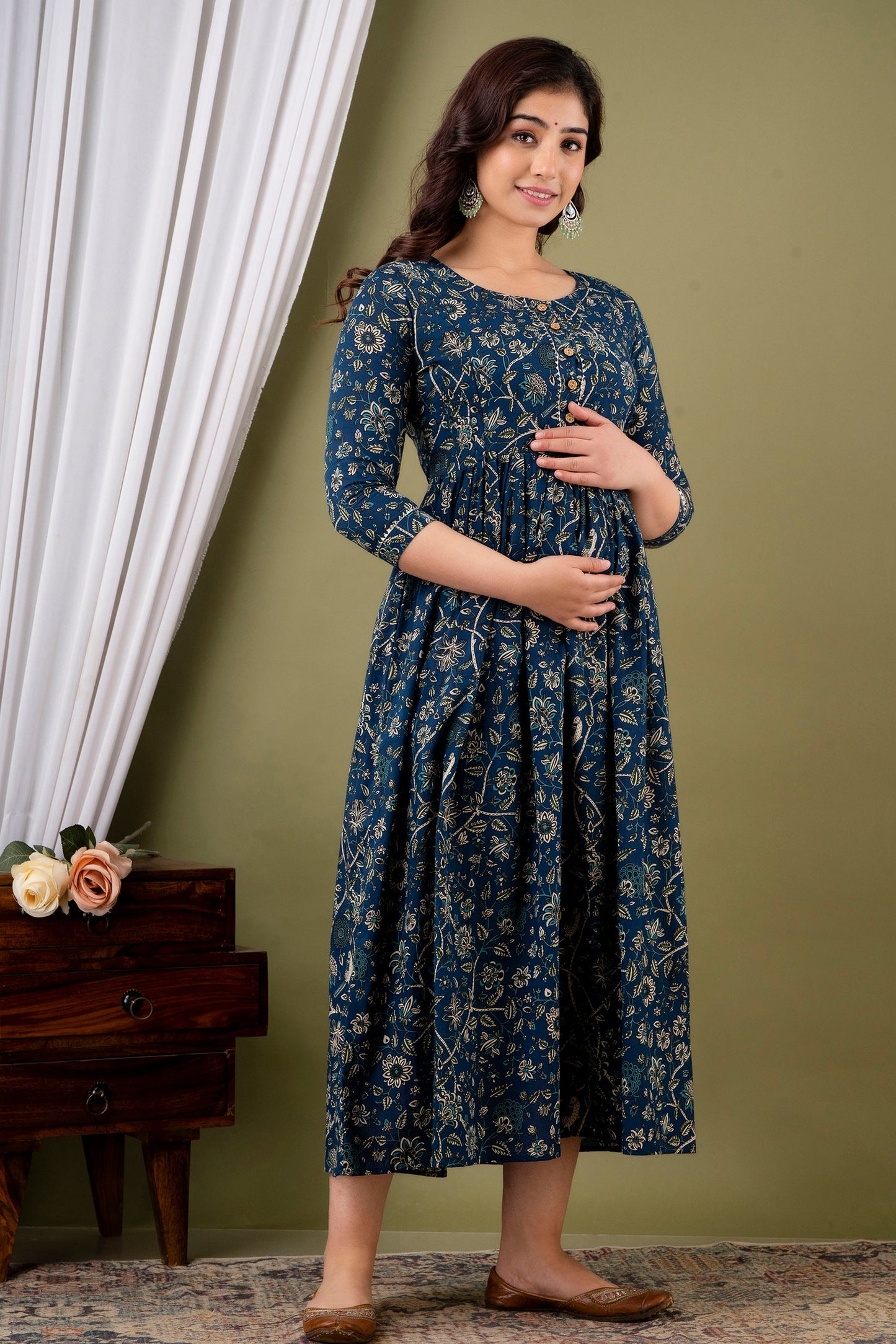 Hima Premium Cotton Anarkali Feeding & Maternity Kurti – 48 Inch Length, 2 Side Zips All-Day Comfort for Moms (Blue)
