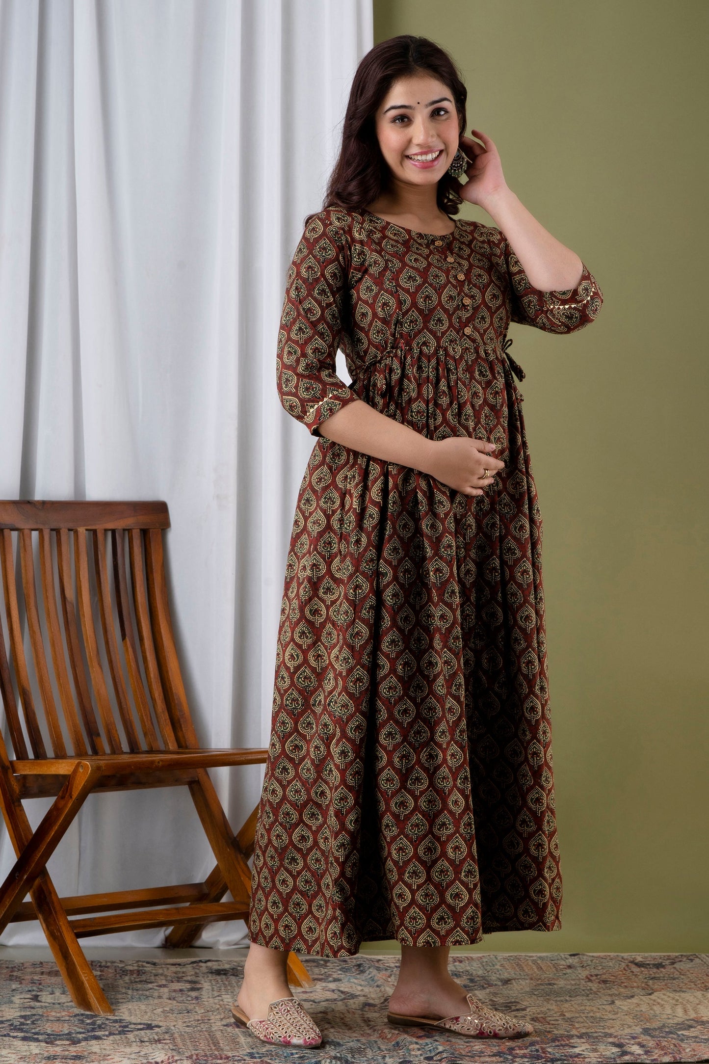 Hima Premium Cotton Anarkali Feeding & Maternity Kurti – 48 Inch Length, 2 Side Zips All-Day Comfort for Moms (Brown)