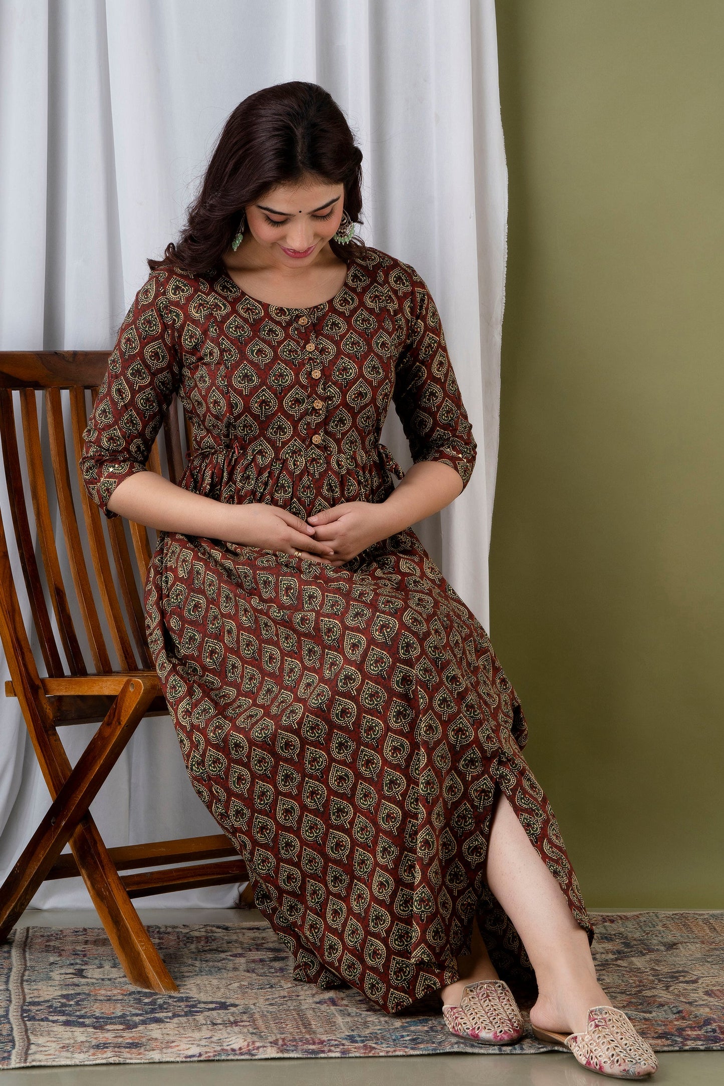 Hima Premium Cotton Anarkali Feeding & Maternity Kurti – 48 Inch Length, 2 Side Zips All-Day Comfort for Moms (Brown)