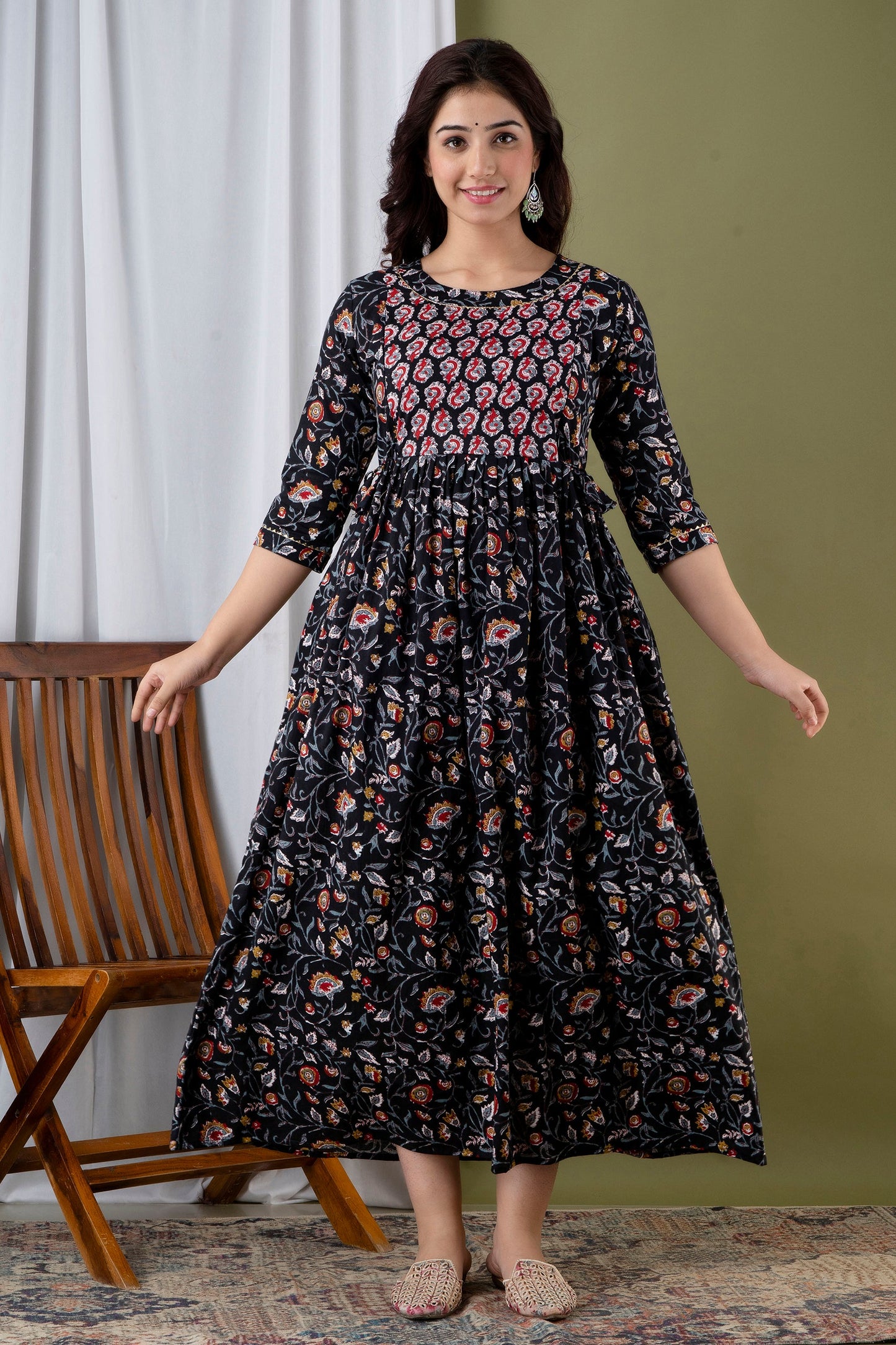 Hima Premium Cotton Anarkali Feeding & Maternity Kurti β 48 Inch Length, 2 Side Zips All-Day Comfort for Moms (Black)