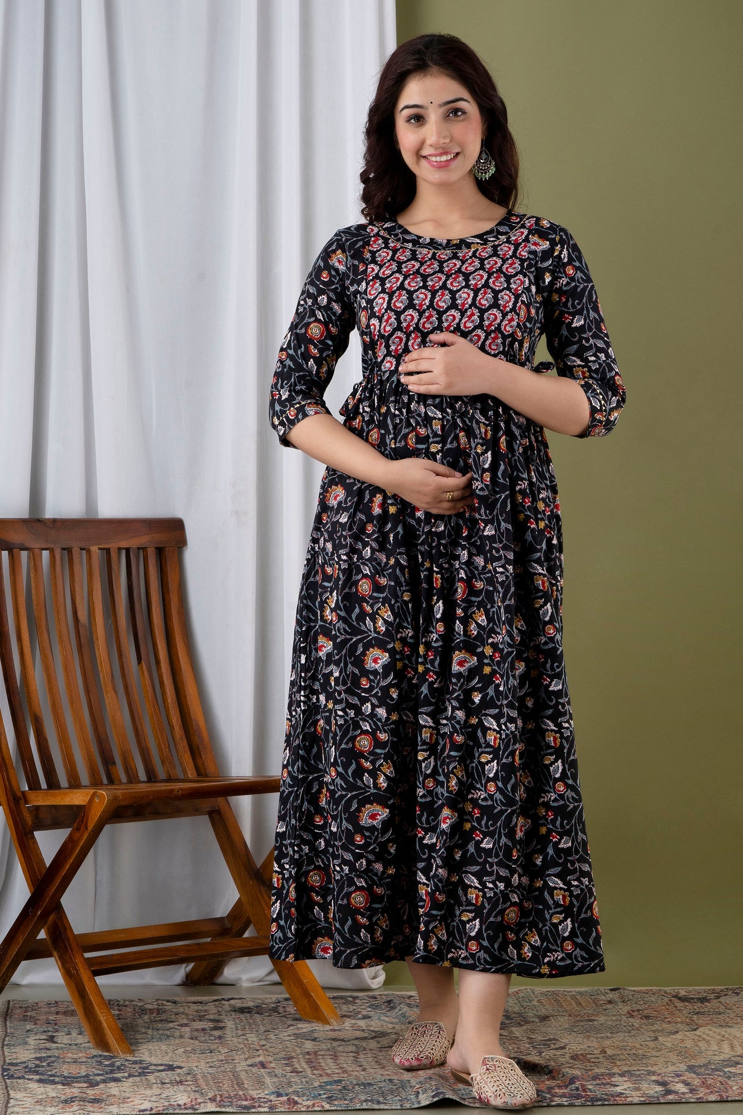 Hima Premium Cotton Anarkali Feeding & Maternity Kurti β 48 Inch Length, 2 Side Zips All-Day Comfort for Moms (Black)
