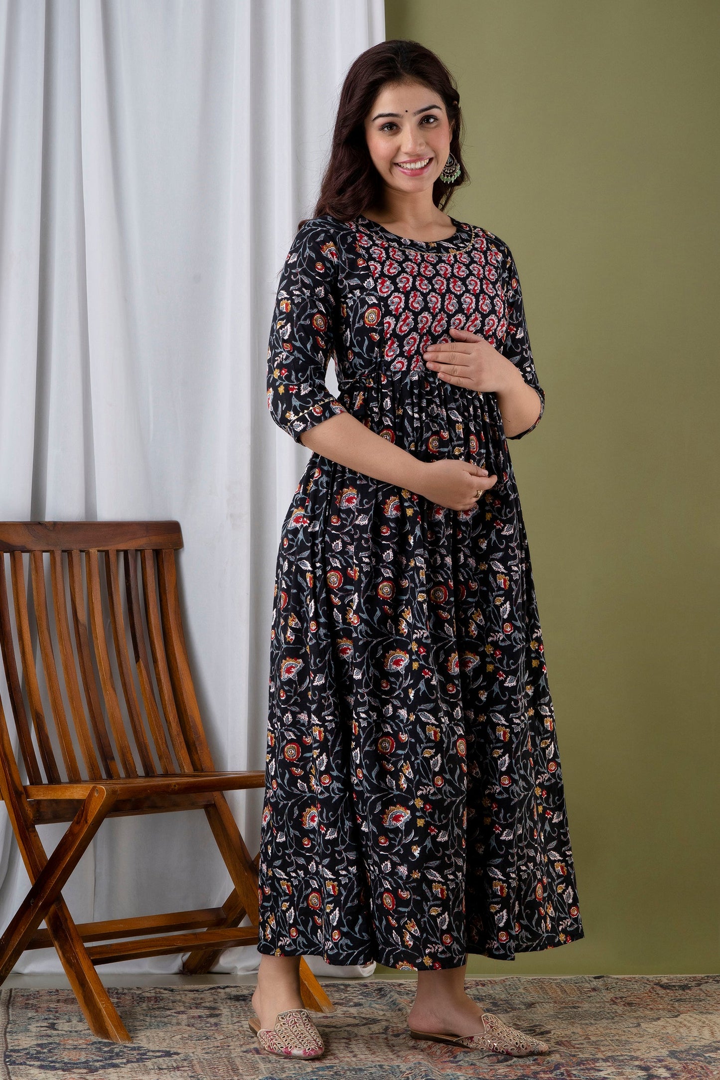 Hima Premium Cotton Anarkali Feeding & Maternity Kurti β 48 Inch Length, 2 Side Zips All-Day Comfort for Moms (Black)