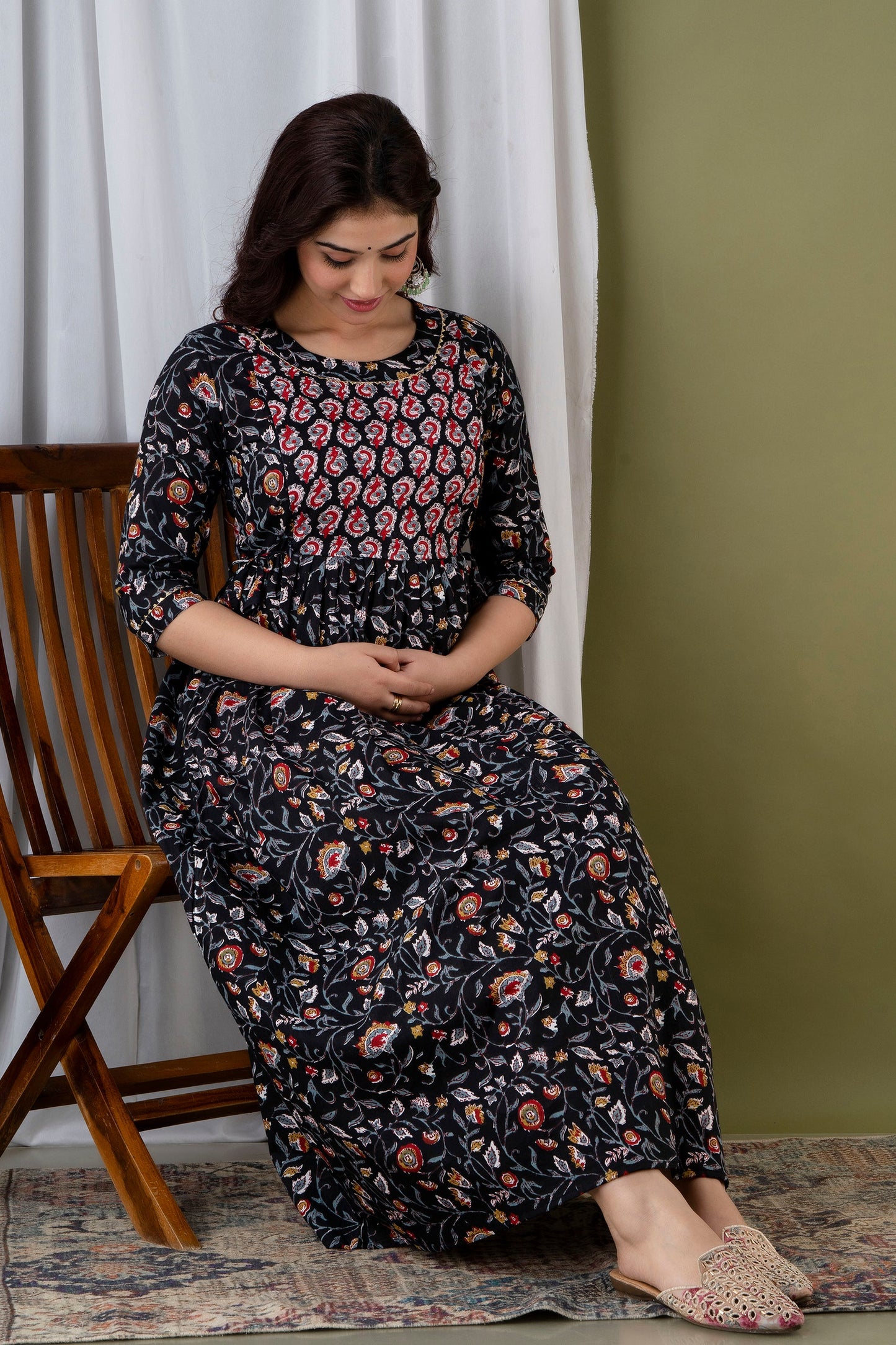 Hima Premium Cotton Anarkali Feeding & Maternity Kurti β 48 Inch Length, 2 Side Zips All-Day Comfort for Moms (Black)