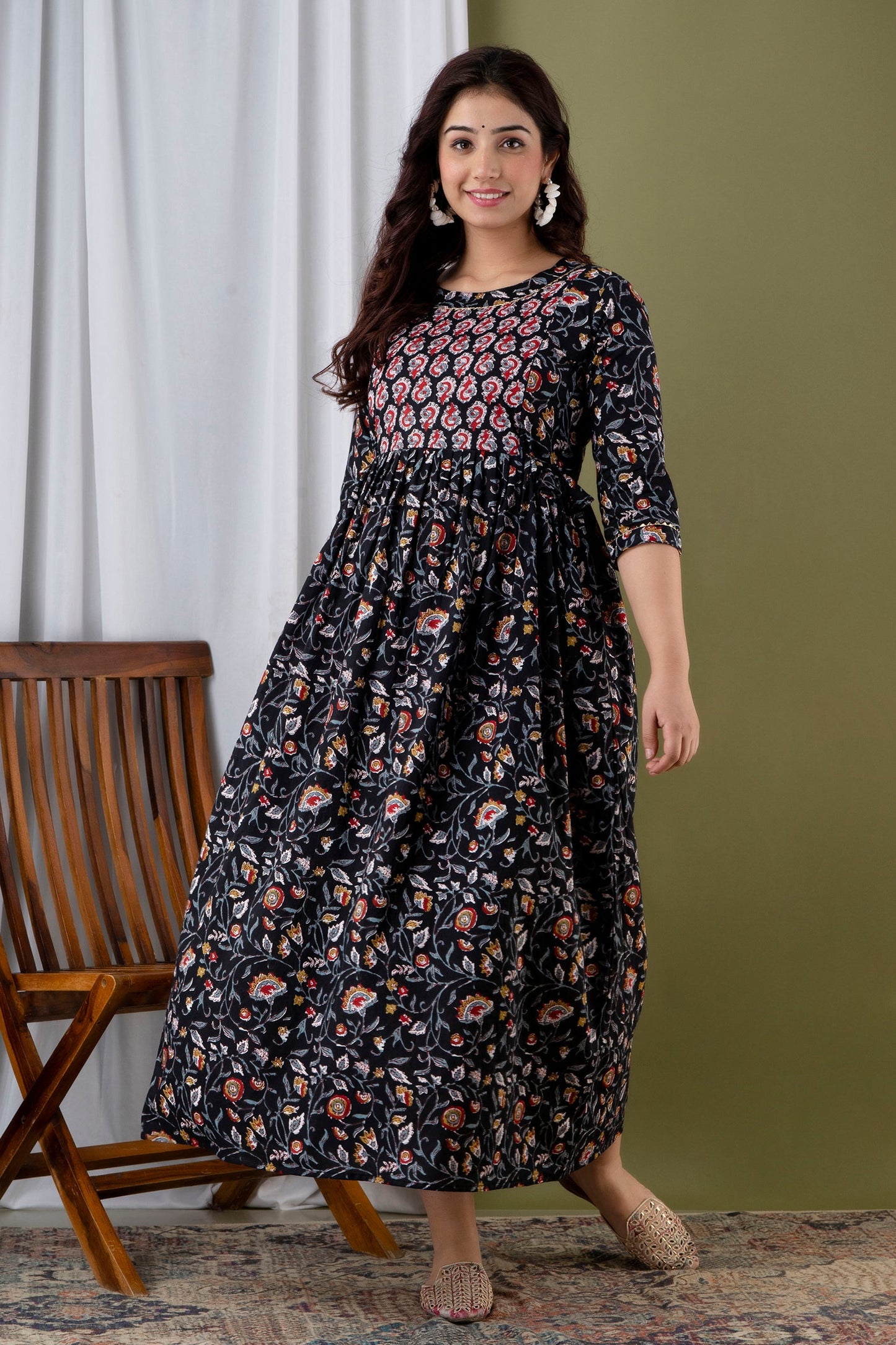 Hima Premium Cotton Anarkali Feeding & Maternity Kurti β 48 Inch Length, 2 Side Zips All-Day Comfort for Moms (Black)